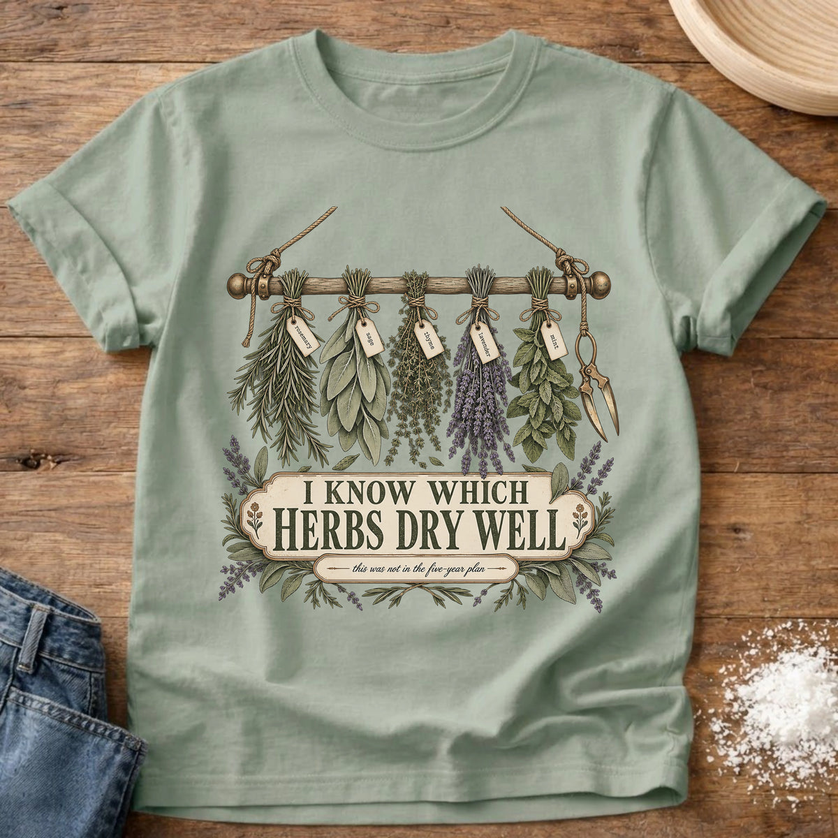 Knead More Fun Dried Herbs herb gardening t-shirt in Bay