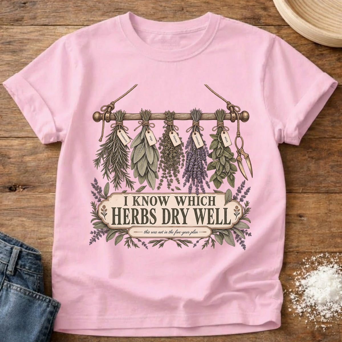 Knead More Fun Dried Herbs herb gardening t-shirt in Blossom