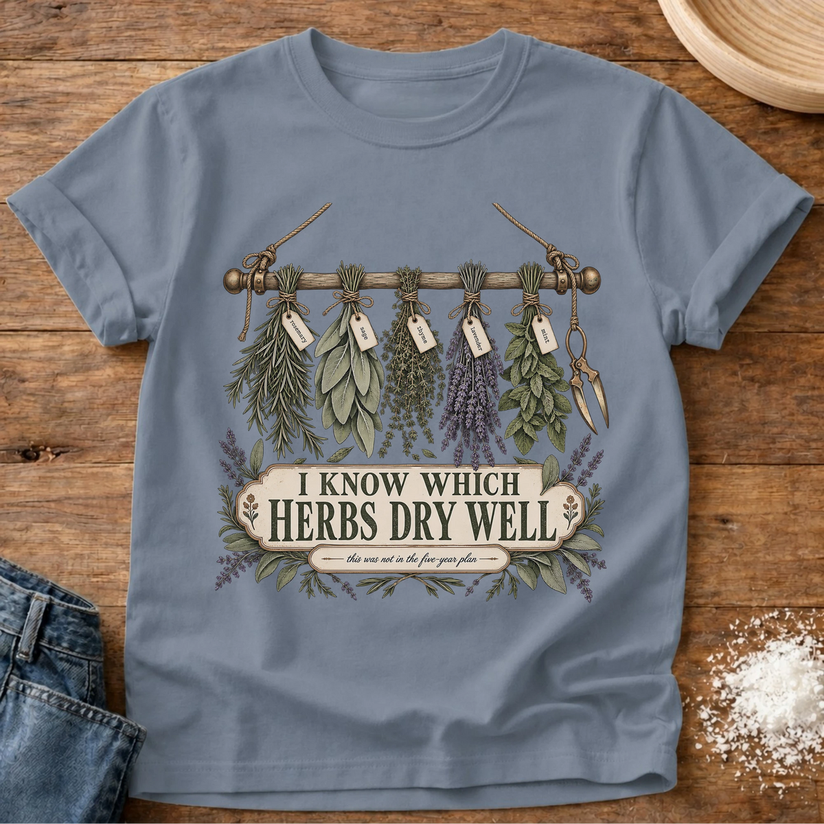 Knead More Fun Dried Herbs herb gardening t-shirt in Blue Jean