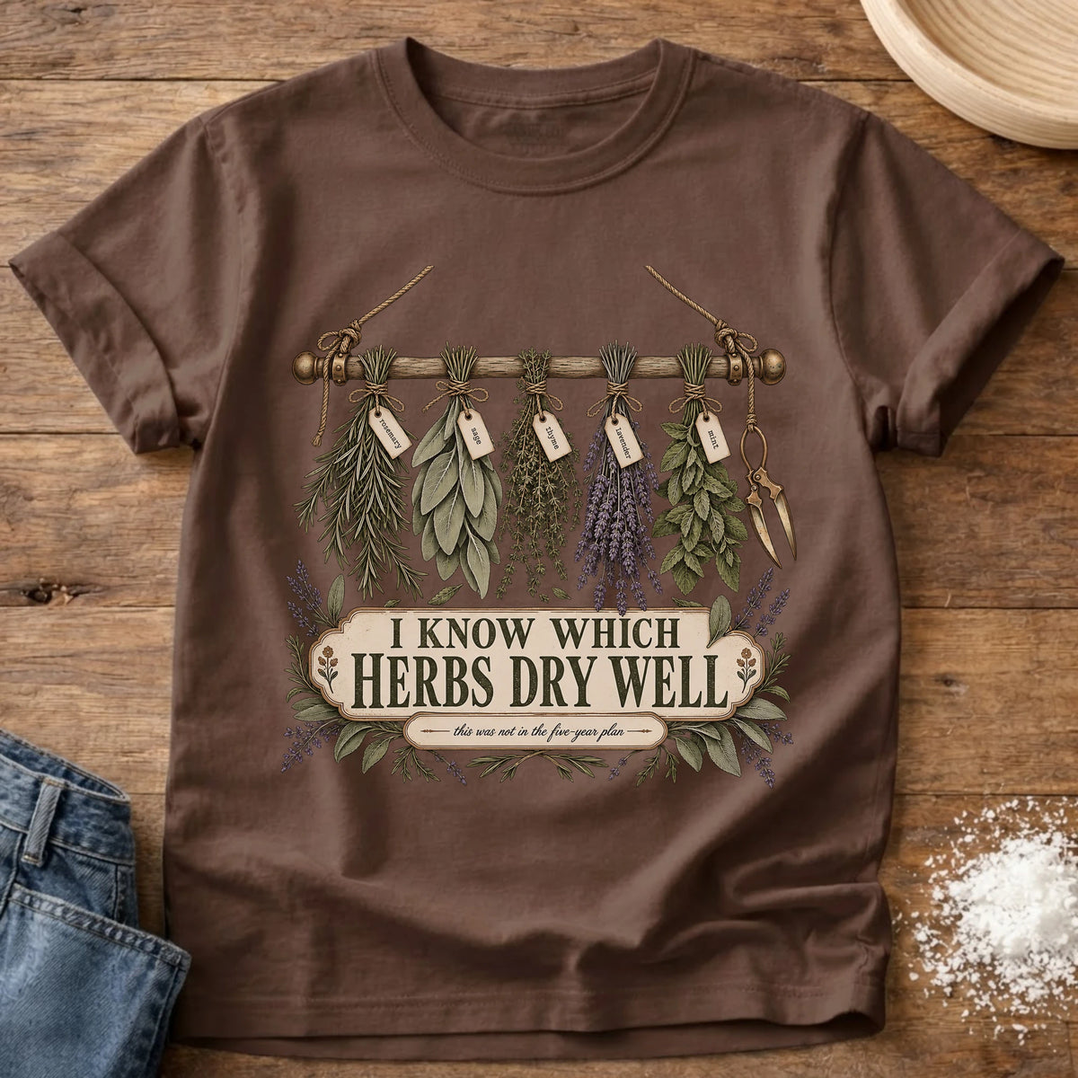 Knead More Fun Dried Herbs herb gardening t-shirt in Espresso