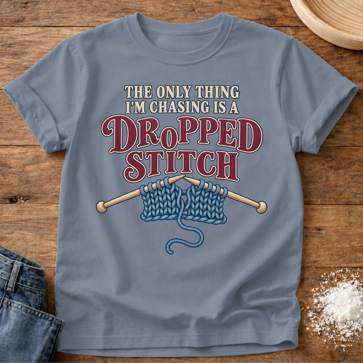Knead More Fun Dropped Stitch t-shirt in Blue Jean