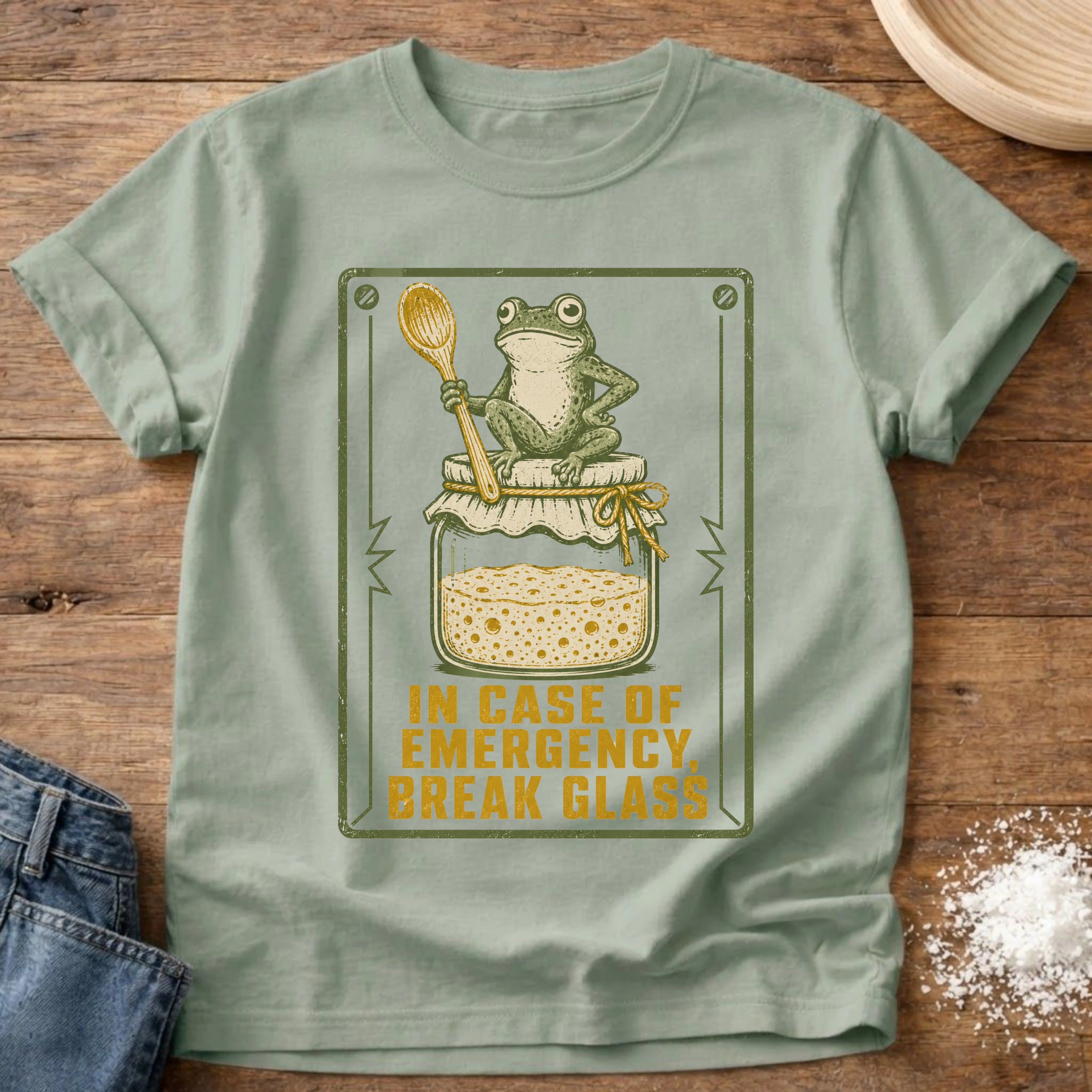 Knead More Fun Emergency Break Glass Starter Frog sourdough t-shirt in Bay