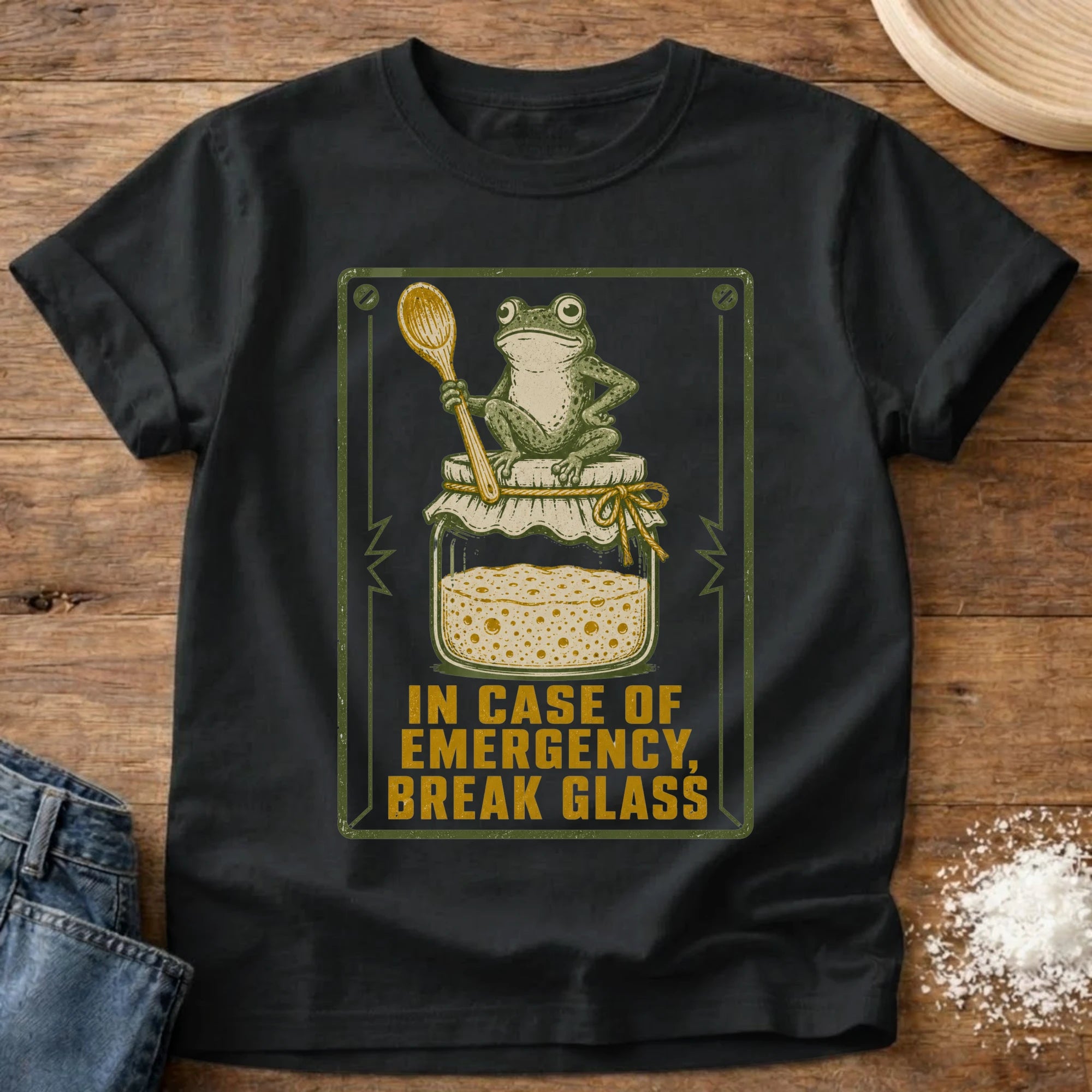 Knead More Fun Emergency Break Glass Starter Frog sourdough t-shirt in Black