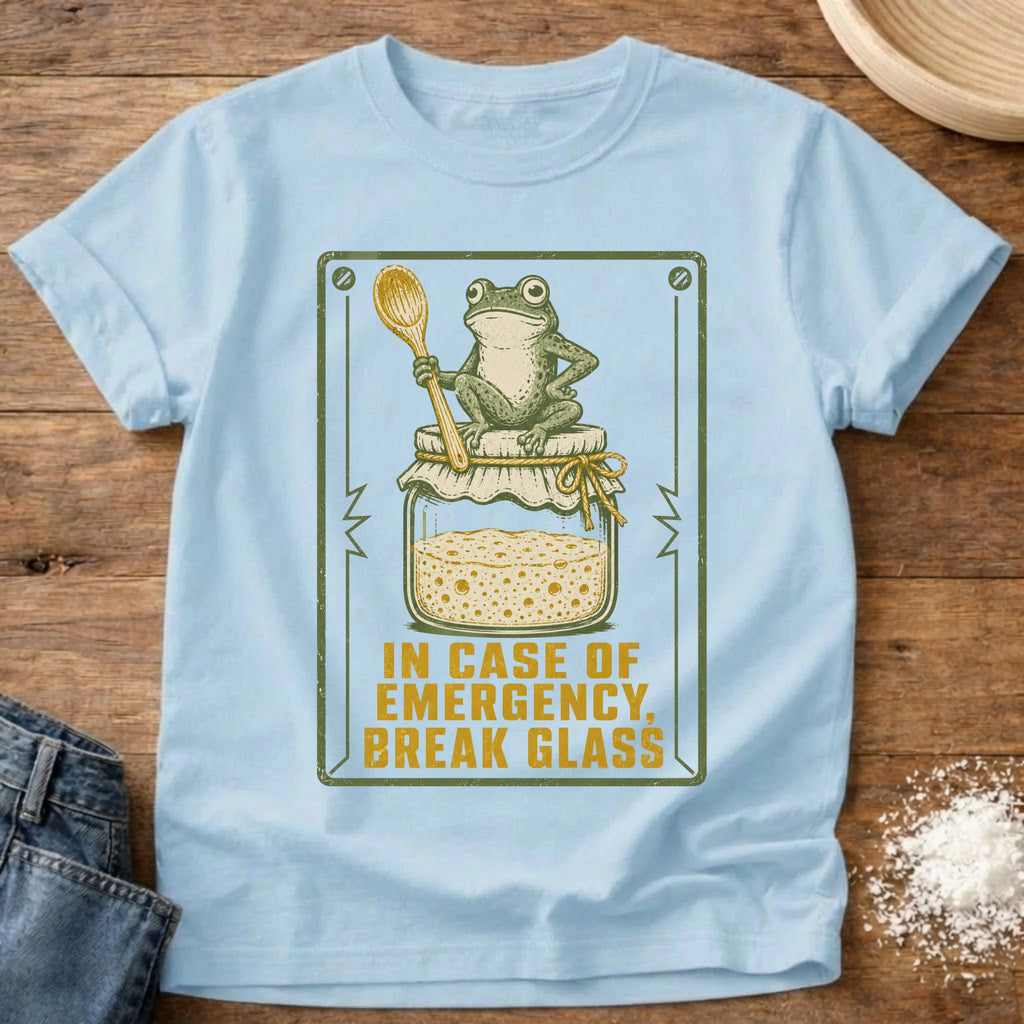Knead More Fun Emergency Break Glass Starter Frog sourdough t-shirt in Chambray