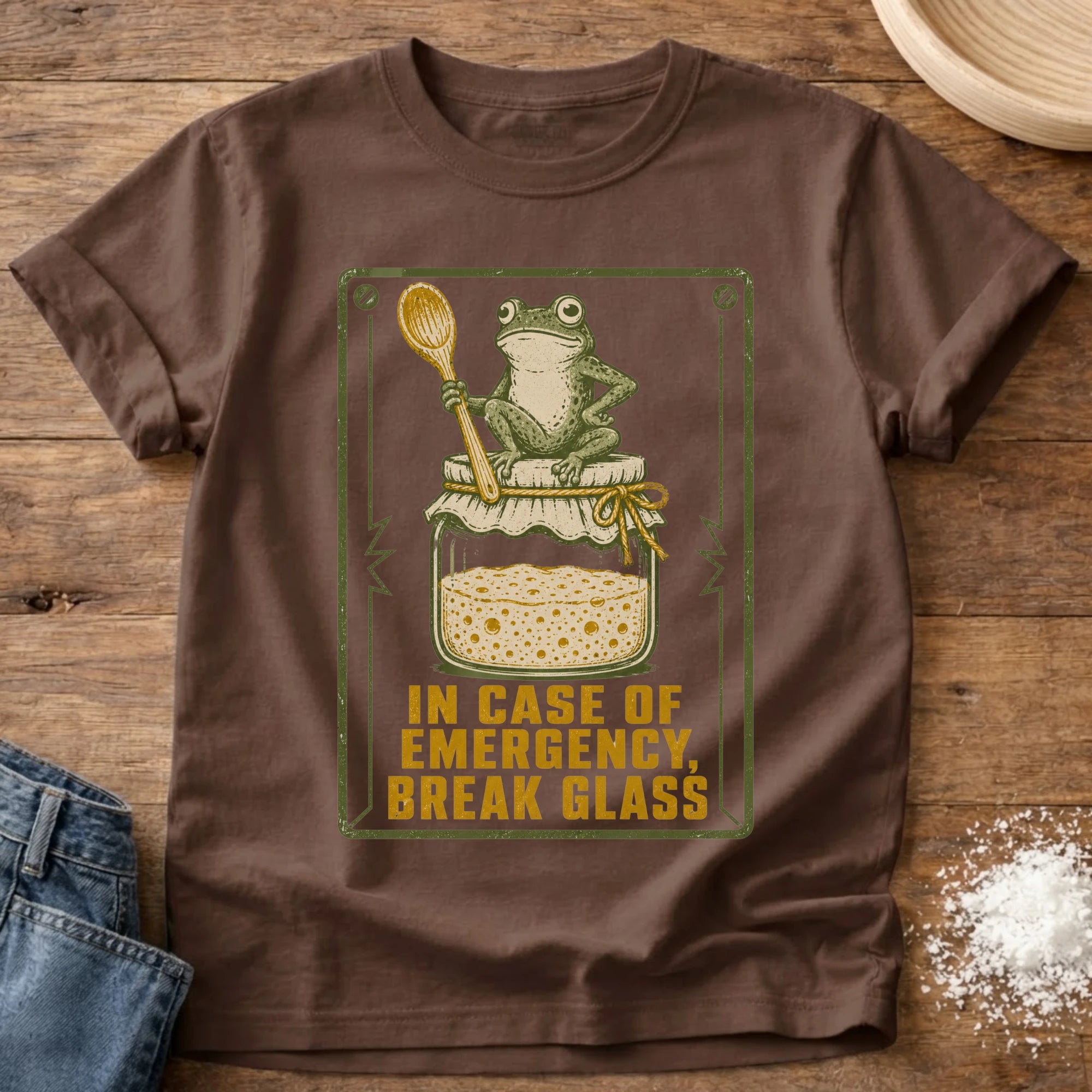 Knead More Fun Emergency Break Glass Starter Frog sourdough t-shirt in Espresso