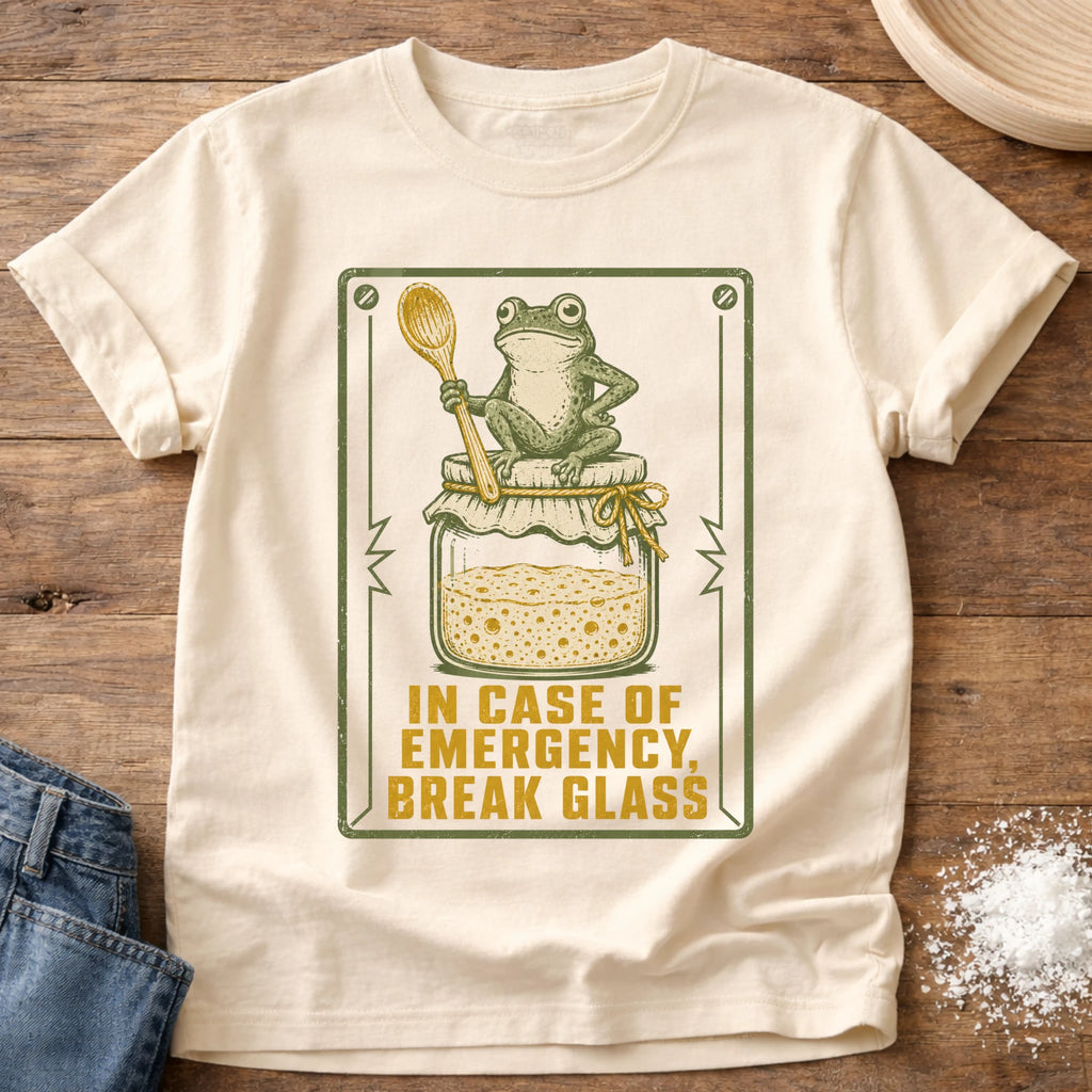 Knead More Fun Emergency Break Glass Starter Frog sourdough t-shirt in Ivory