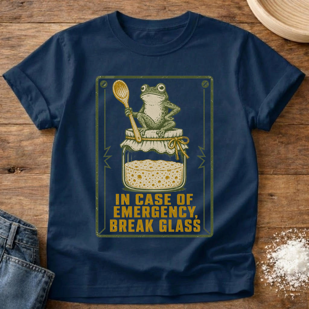 Knead More Fun Emergency Break Glass Starter Frog sourdough t-shirt in Navy
