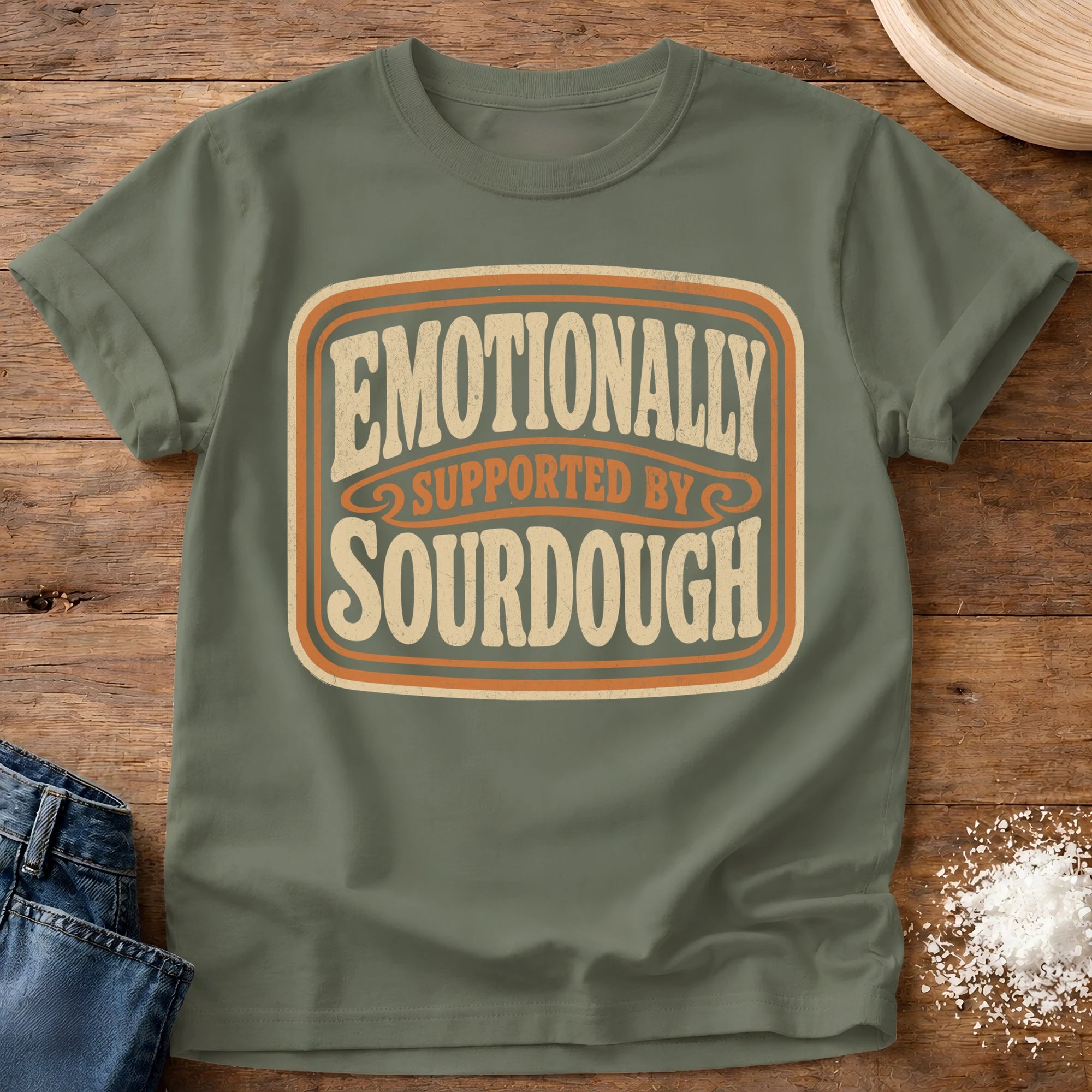 Knead More Fun Emotionally Supported sourdough t-shirt in Moss