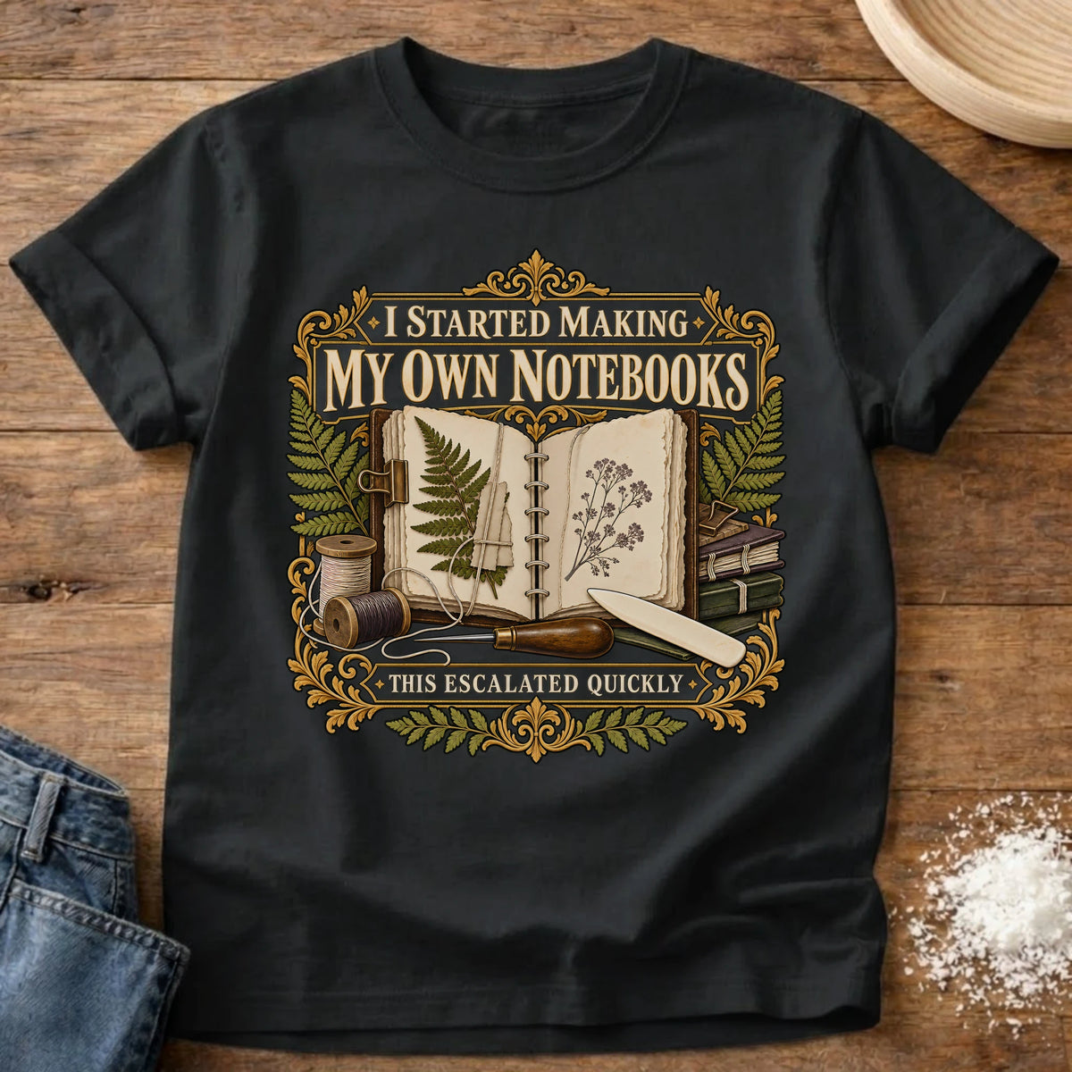 Knead More Fun Escalated Quickly bookbinding t-shirt in Black
