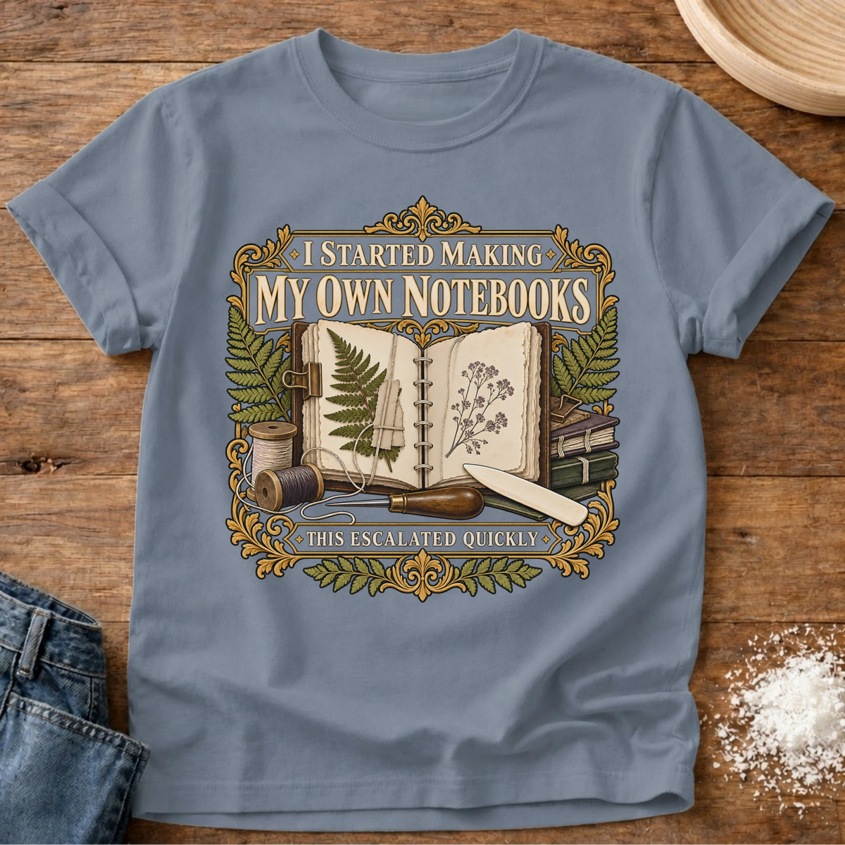 Knead More Fun Escalated Quickly bookbinding t-shirt in Blue Jean