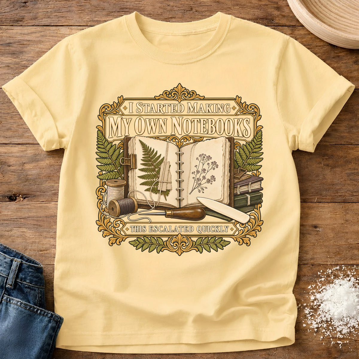 Knead More Fun Escalated Quickly bookbinding t-shirt in Butter