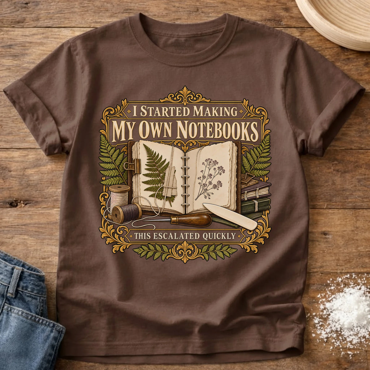 Knead More Fun Escalated Quickly bookbinding t-shirt in Espresso