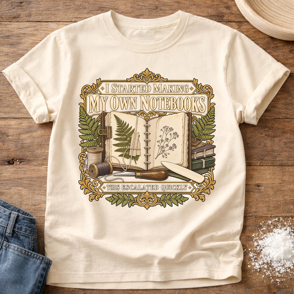 Knead More Fun Escalated Quickly bookbinding t-shirt in Ivory