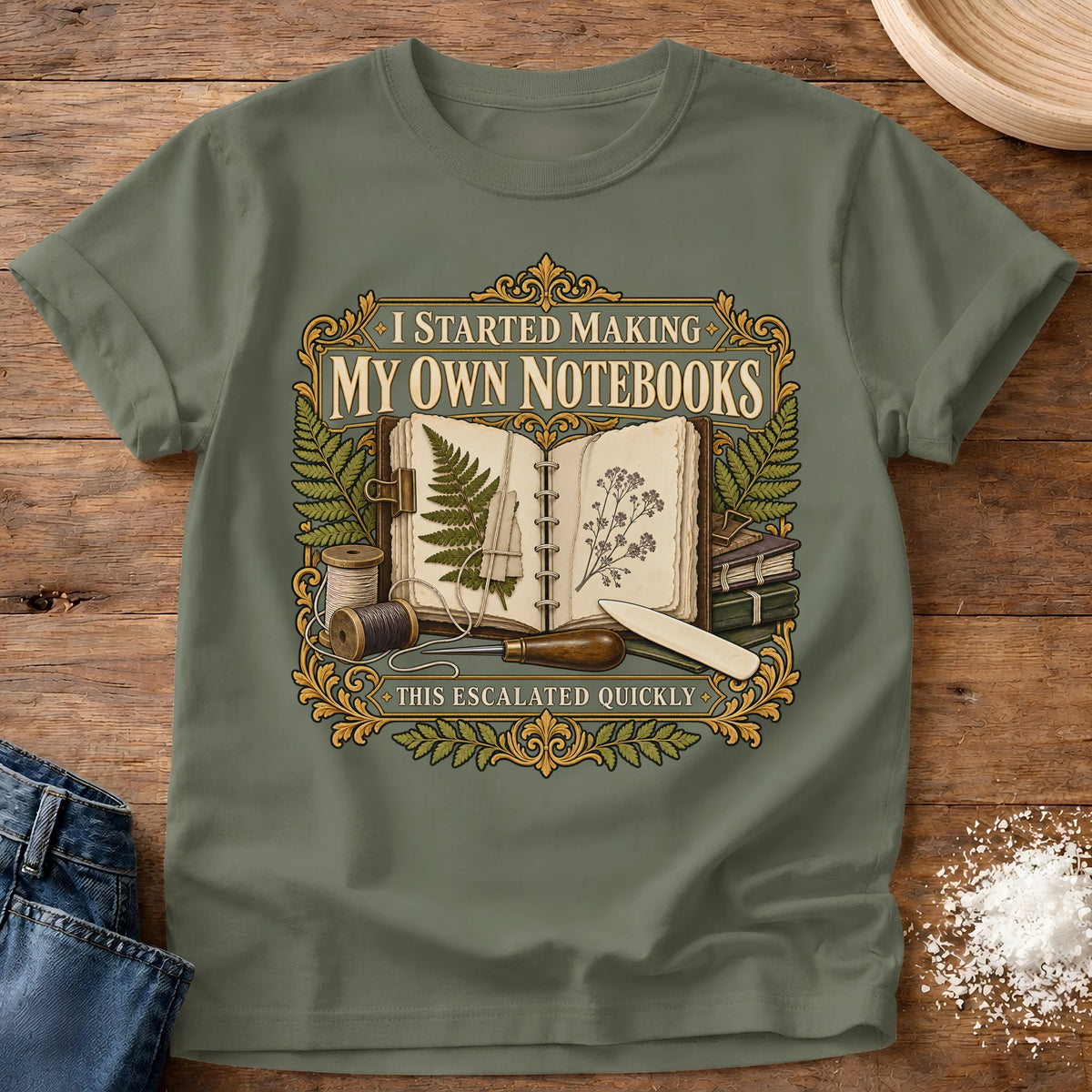 Knead More Fun Escalated Quickly bookbinding t-shirt in Moss