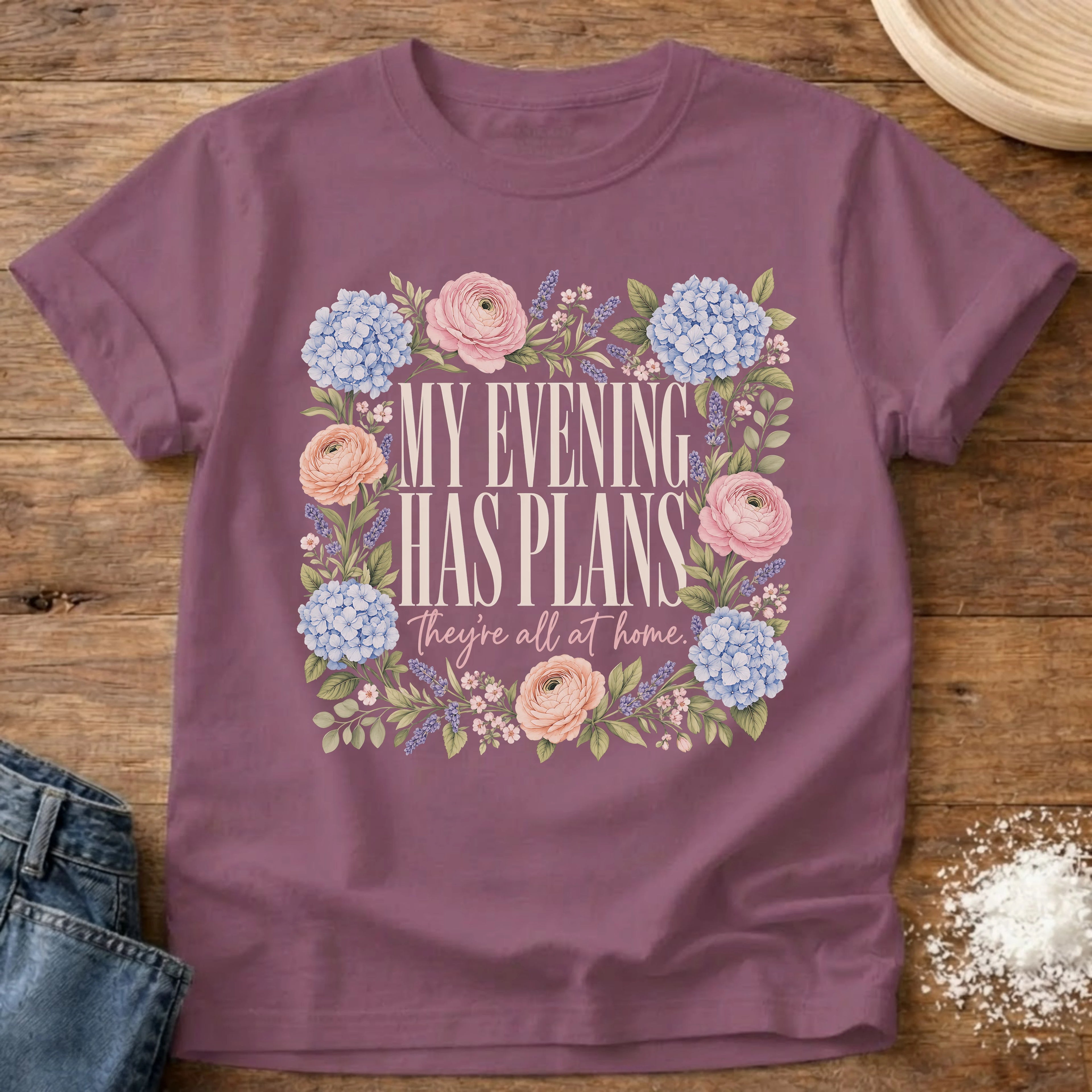 Knead More Fun My Evening Has Plans floral homebody t-shirt in Berry