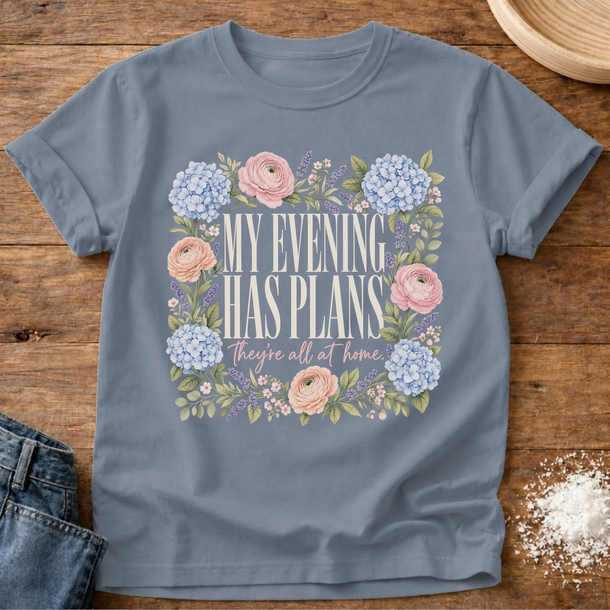 Knead More Fun My Evening Has Plans floral homebody t-shirt in Blue Jean
