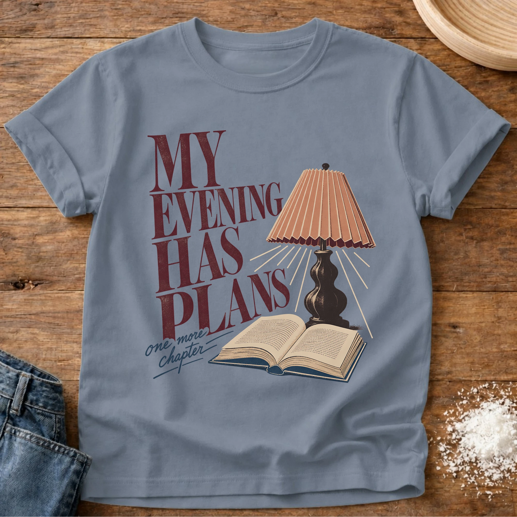 Knead More Fun evening has plans bookish t-shirt in Blue Jean