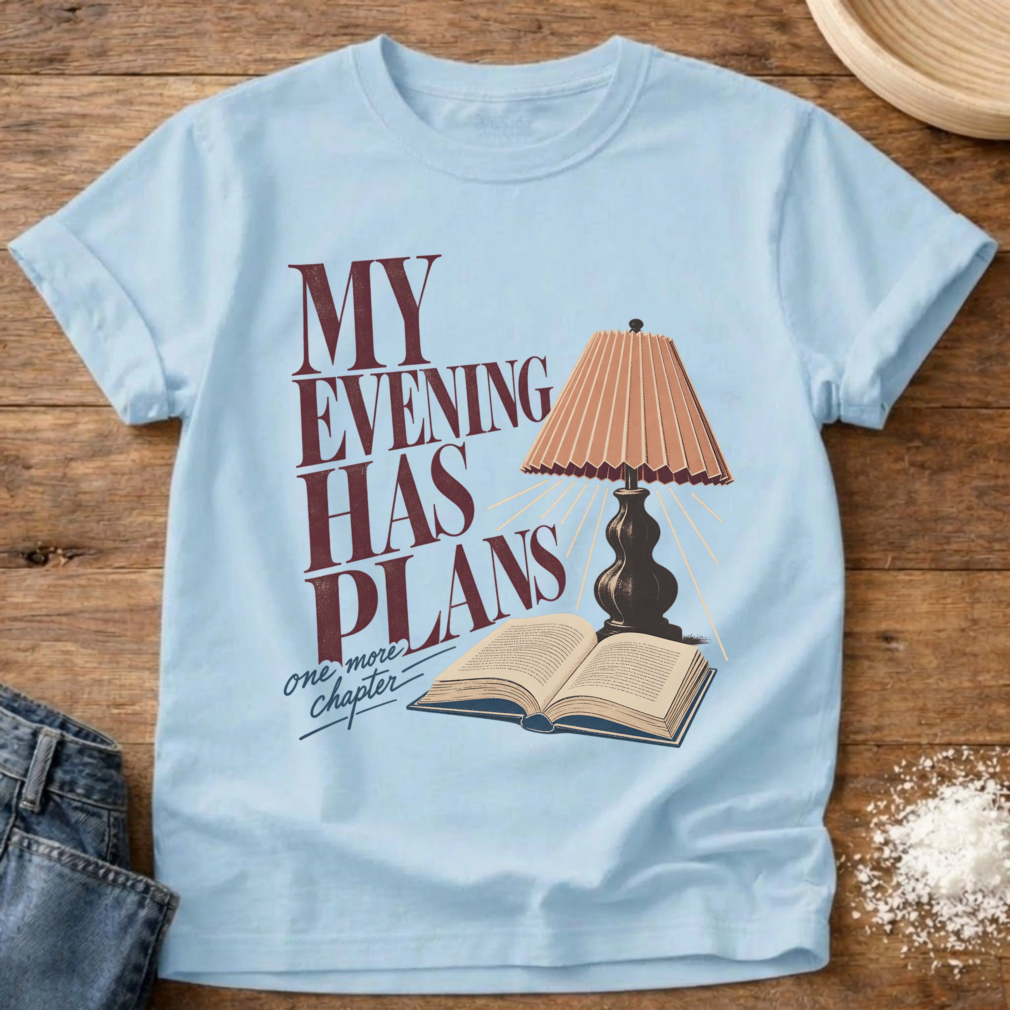 Knead More Fun evening has plans bookish t-shirt in Chambray