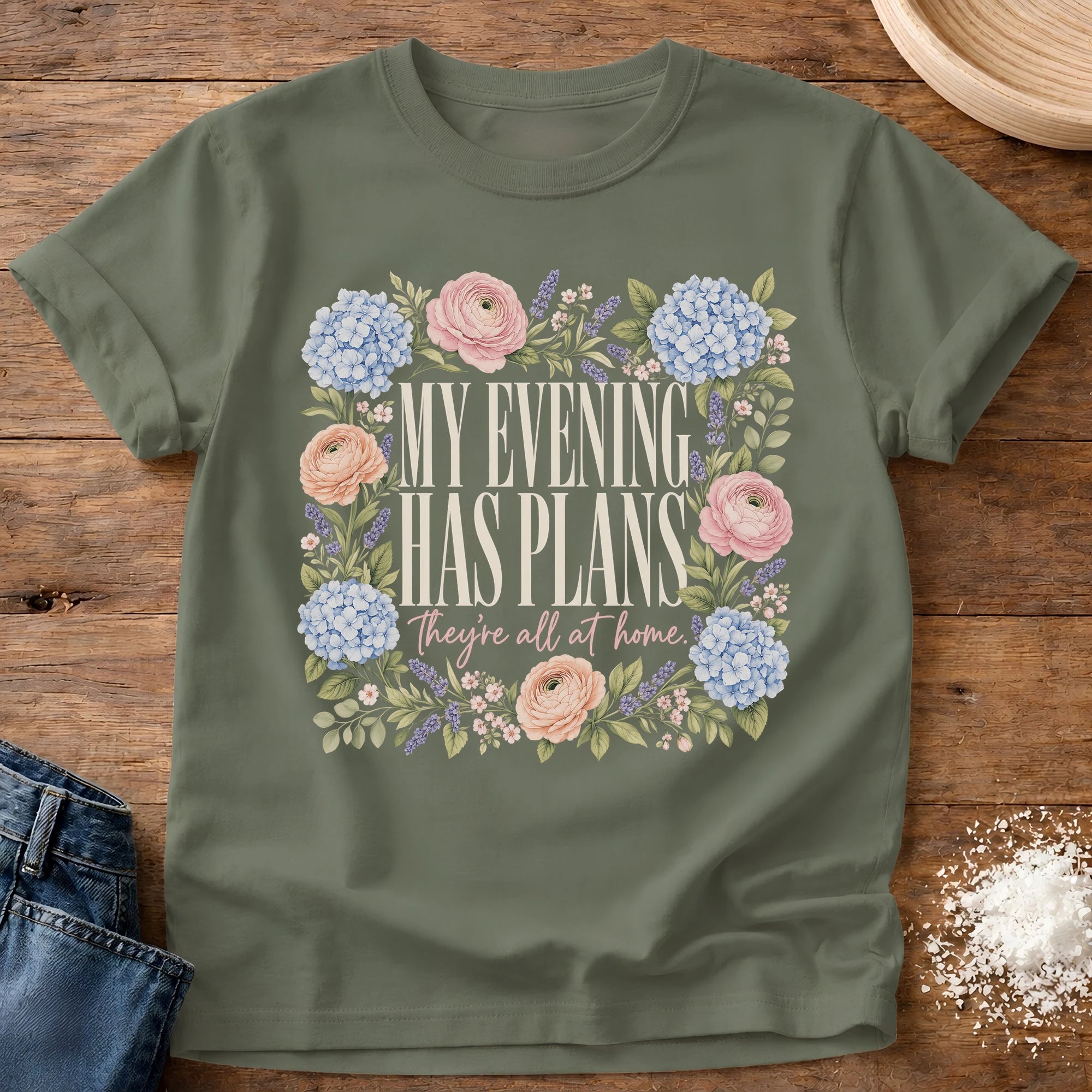 Knead More Fun My Evening Has Plans floral homebody t-shirt in Moss