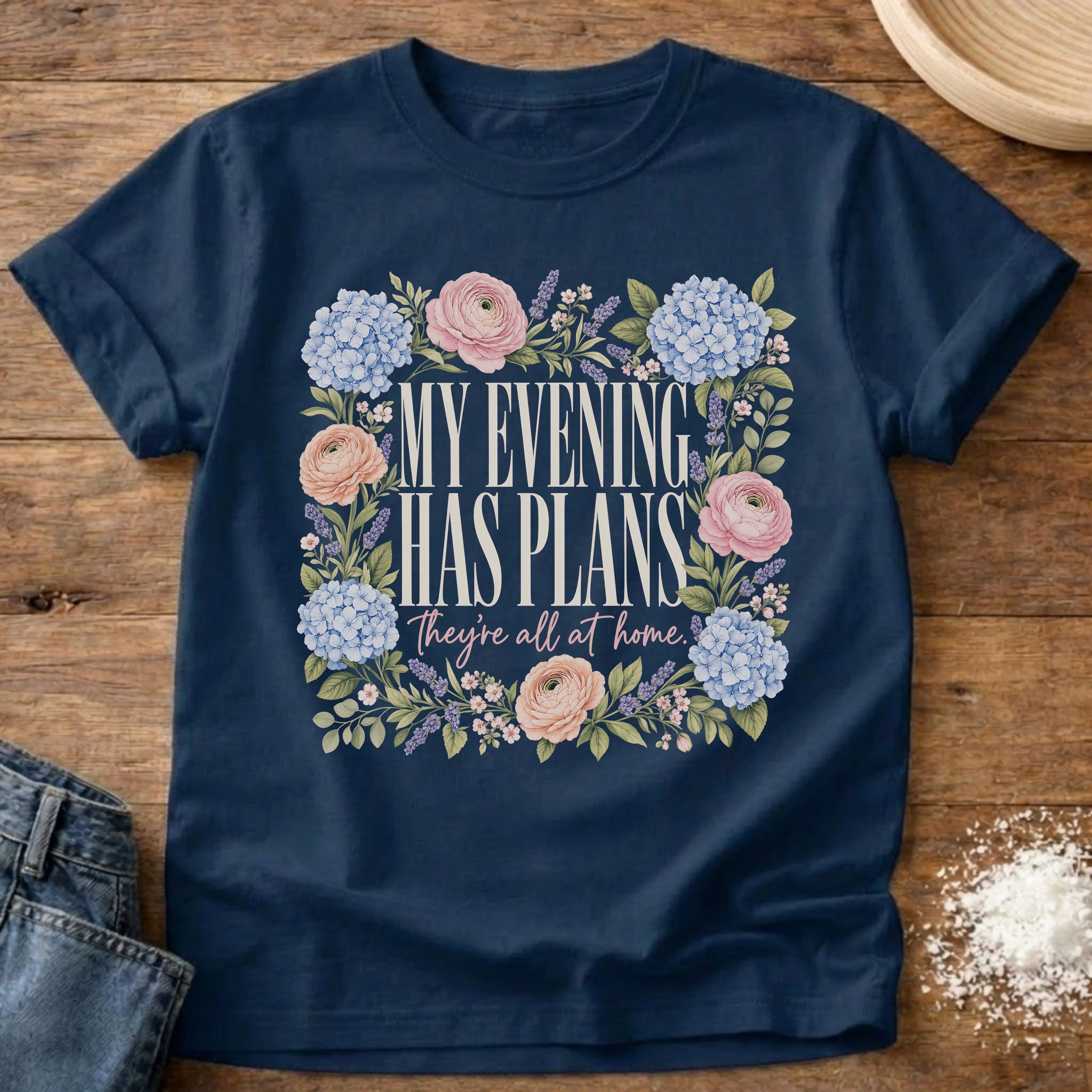 Knead More Fun My Evening Has Plans floral homebody t-shirt in Navy