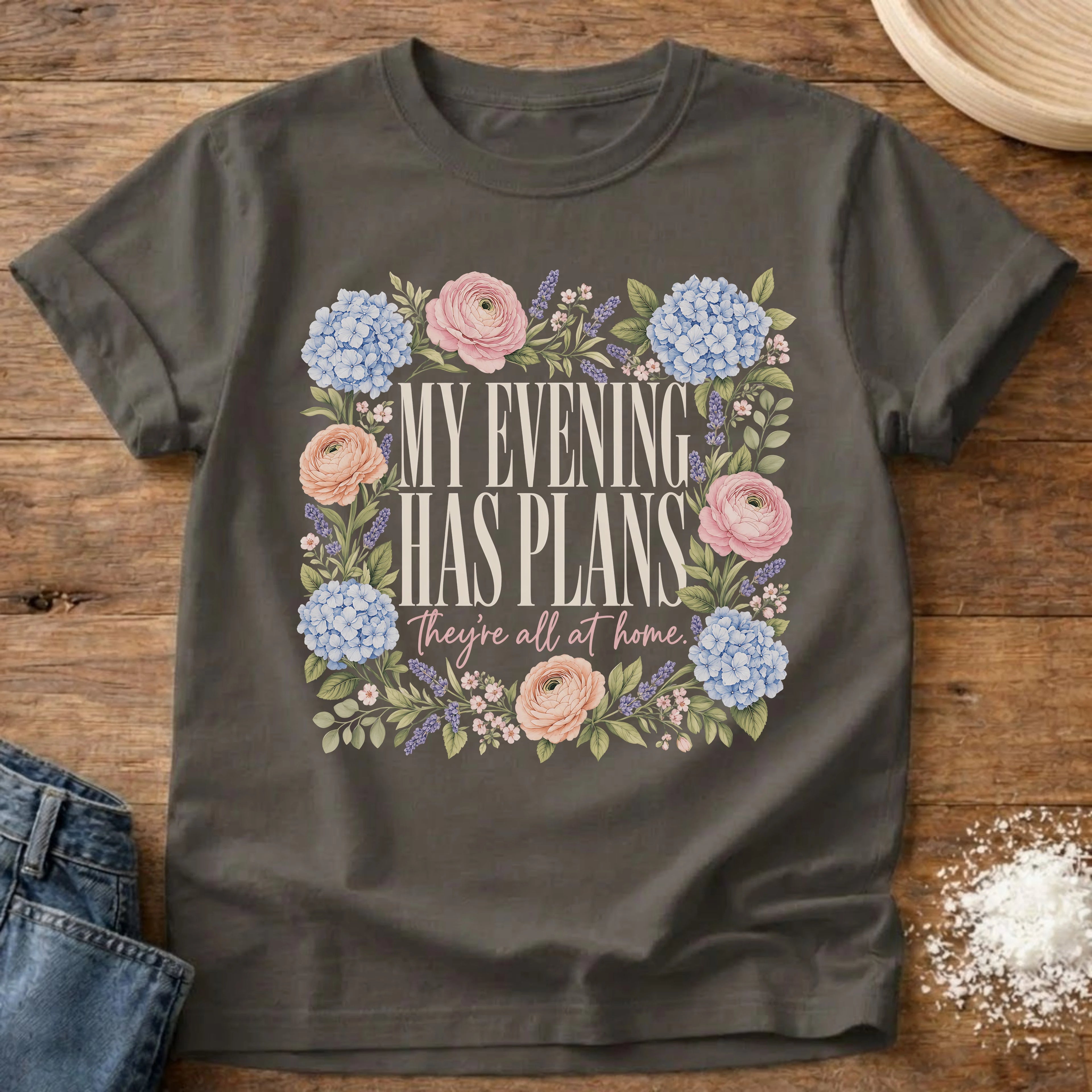 Knead More Fun My Evening Has Plans floral homebody t-shirt in Pepper