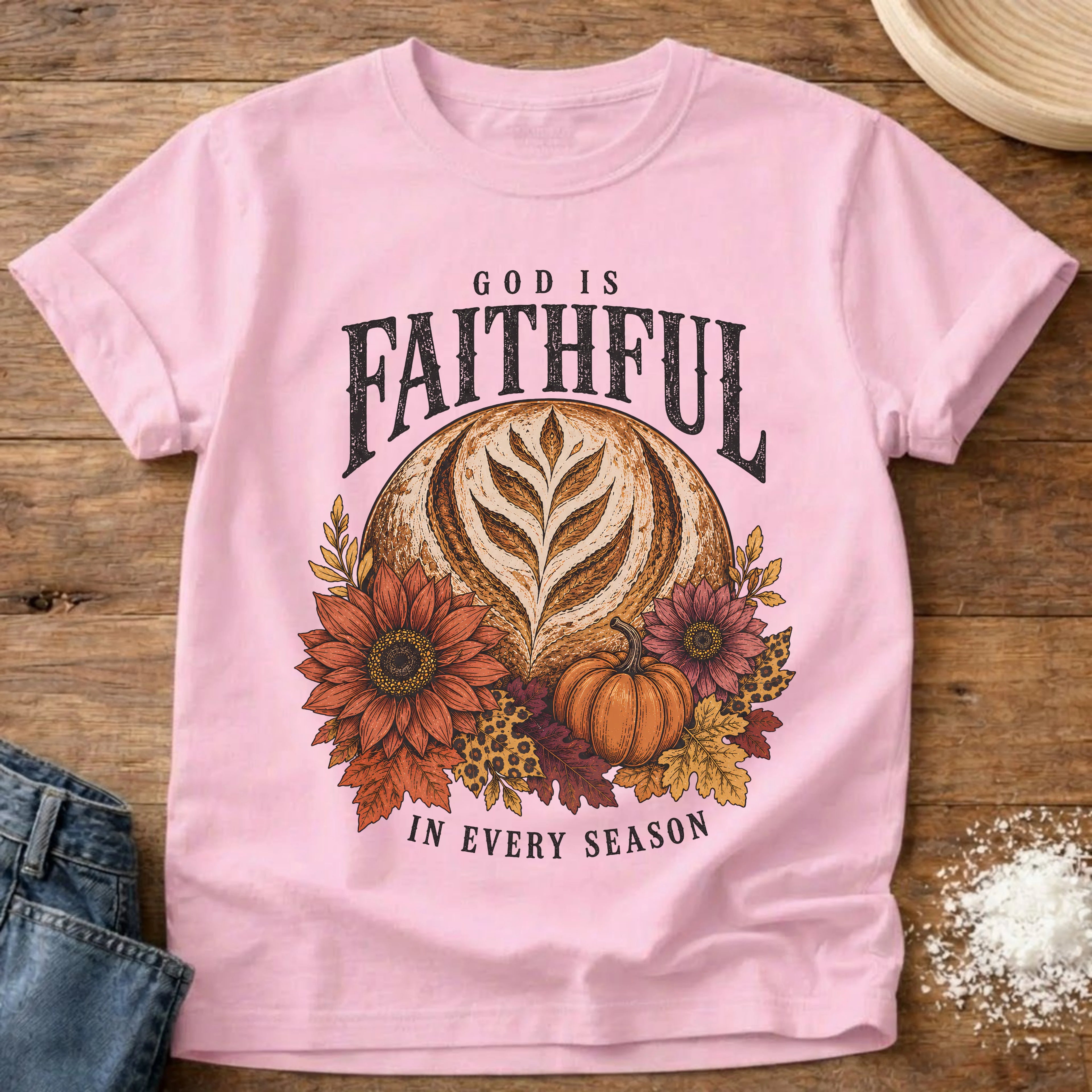 Knead More Fun God Is Faithful sourdough t-shirt in Blossom