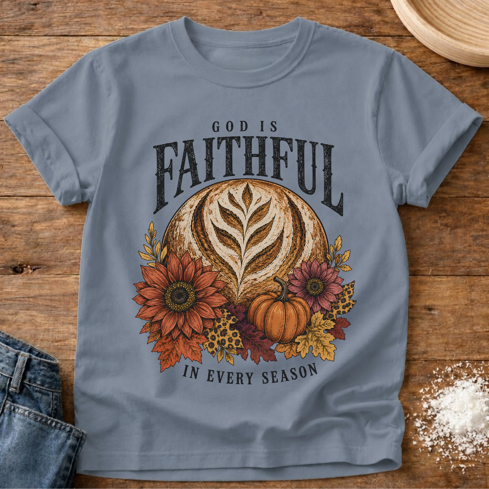 Knead More Fun God Is Faithful sourdough t-shirt in Blue Jean