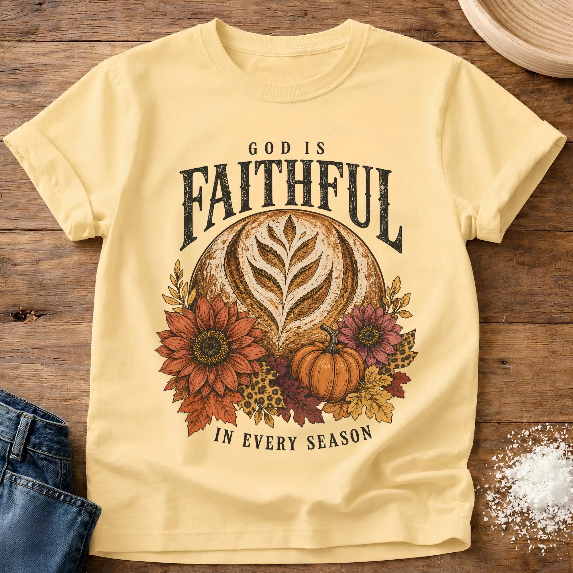 Knead More Fun God Is Faithful sourdough t-shirt in Butter
