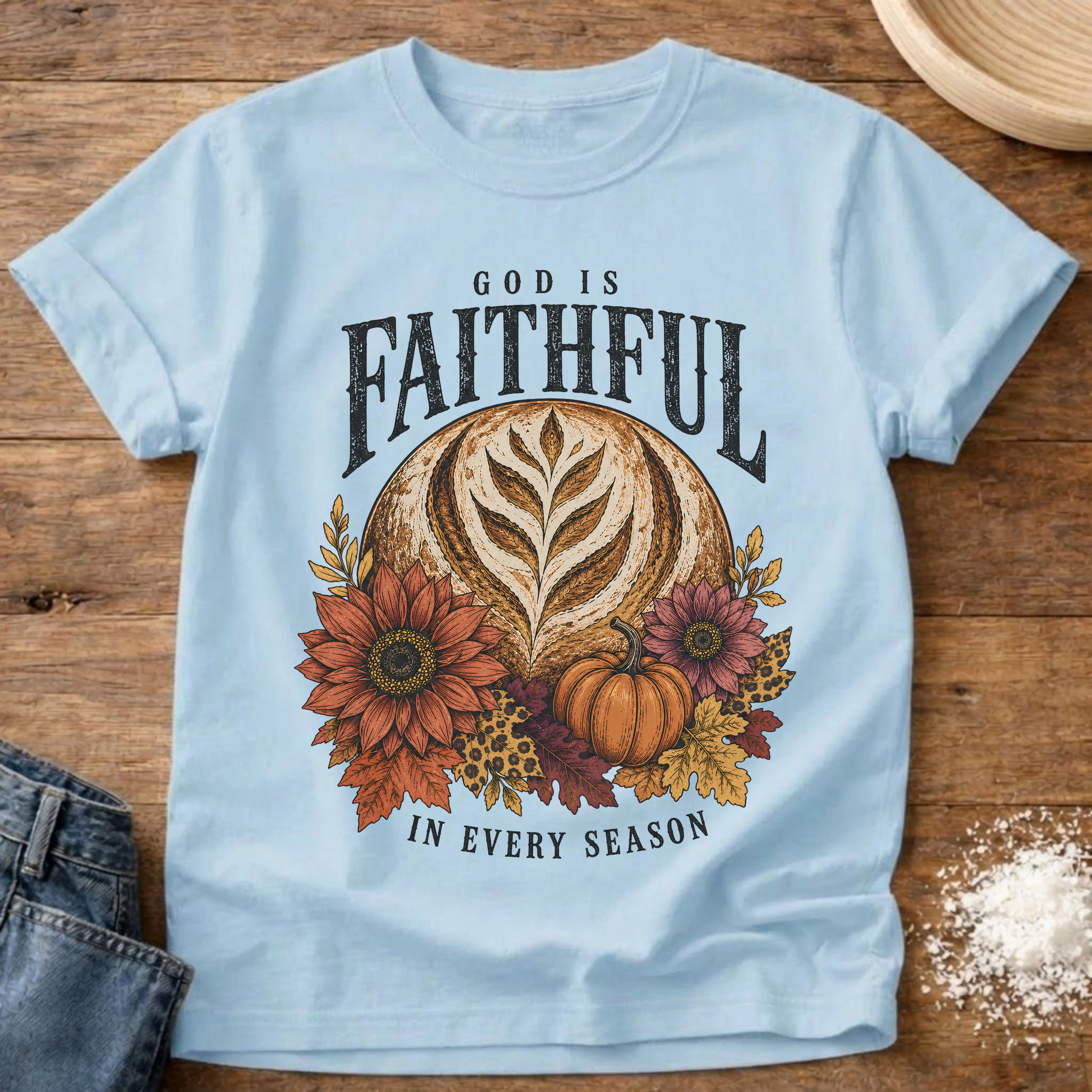 Knead More Fun God Is Faithful sourdough t-shirt in Chambray