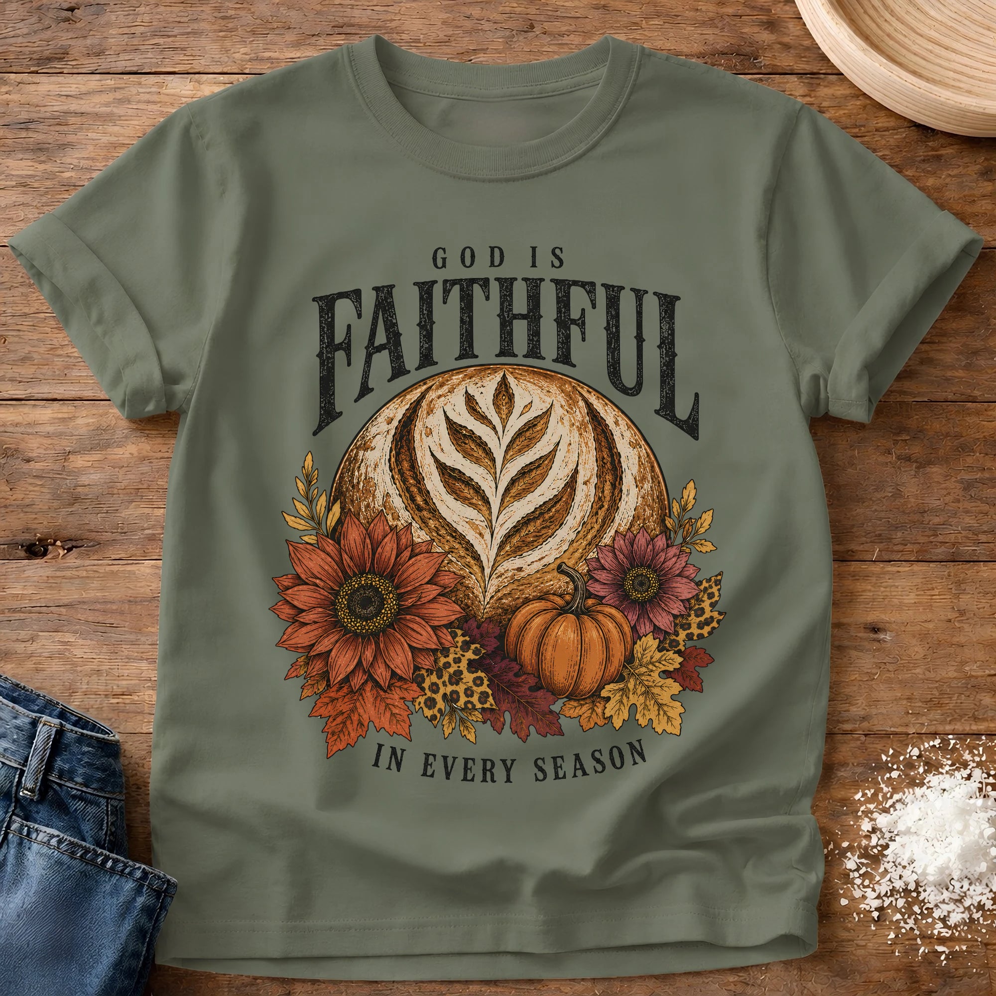 Knead More Fun God Is Faithful sourdough t-shirt in Moss