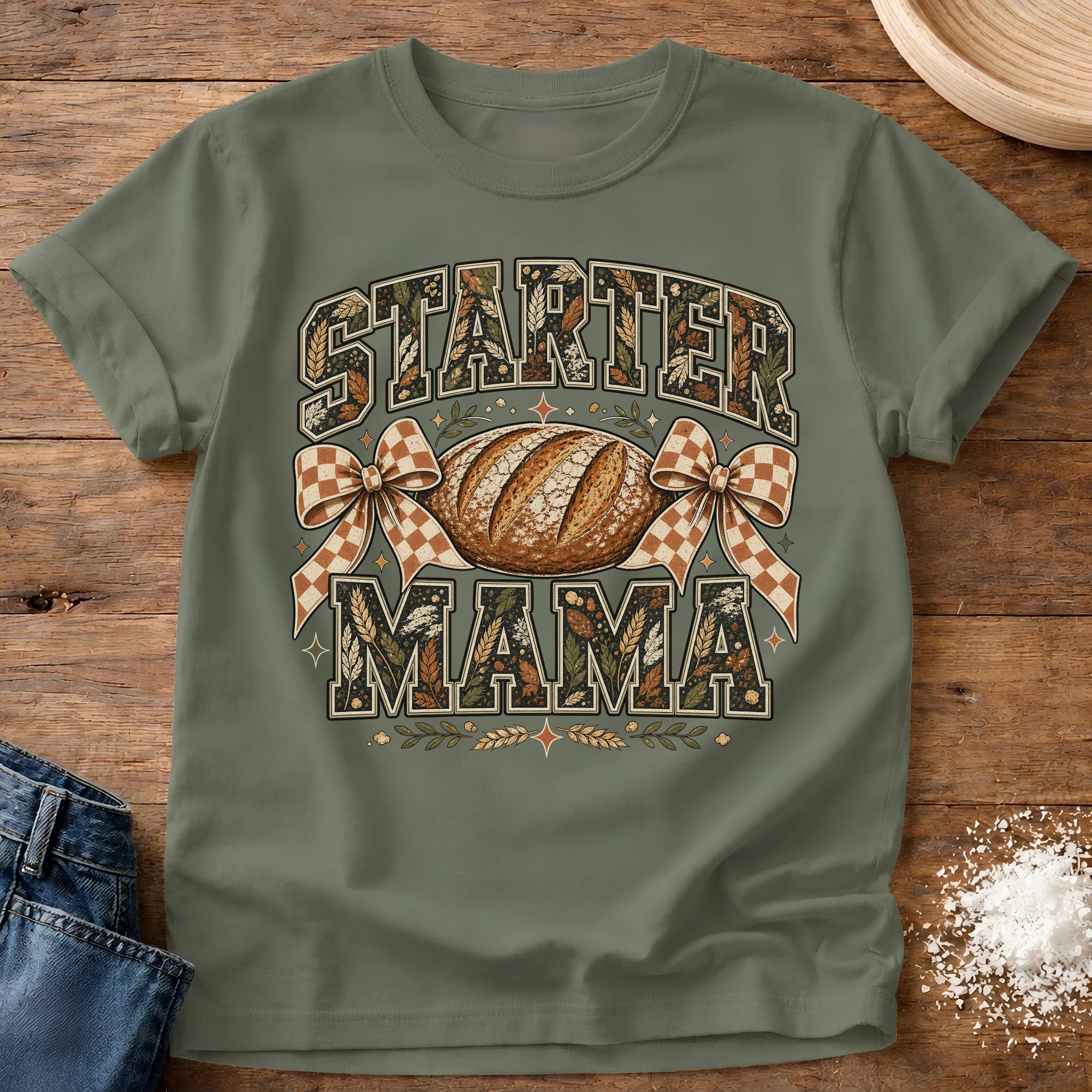 Knead More Fun Fall Starter Mama sourdough t-shirt in Moss