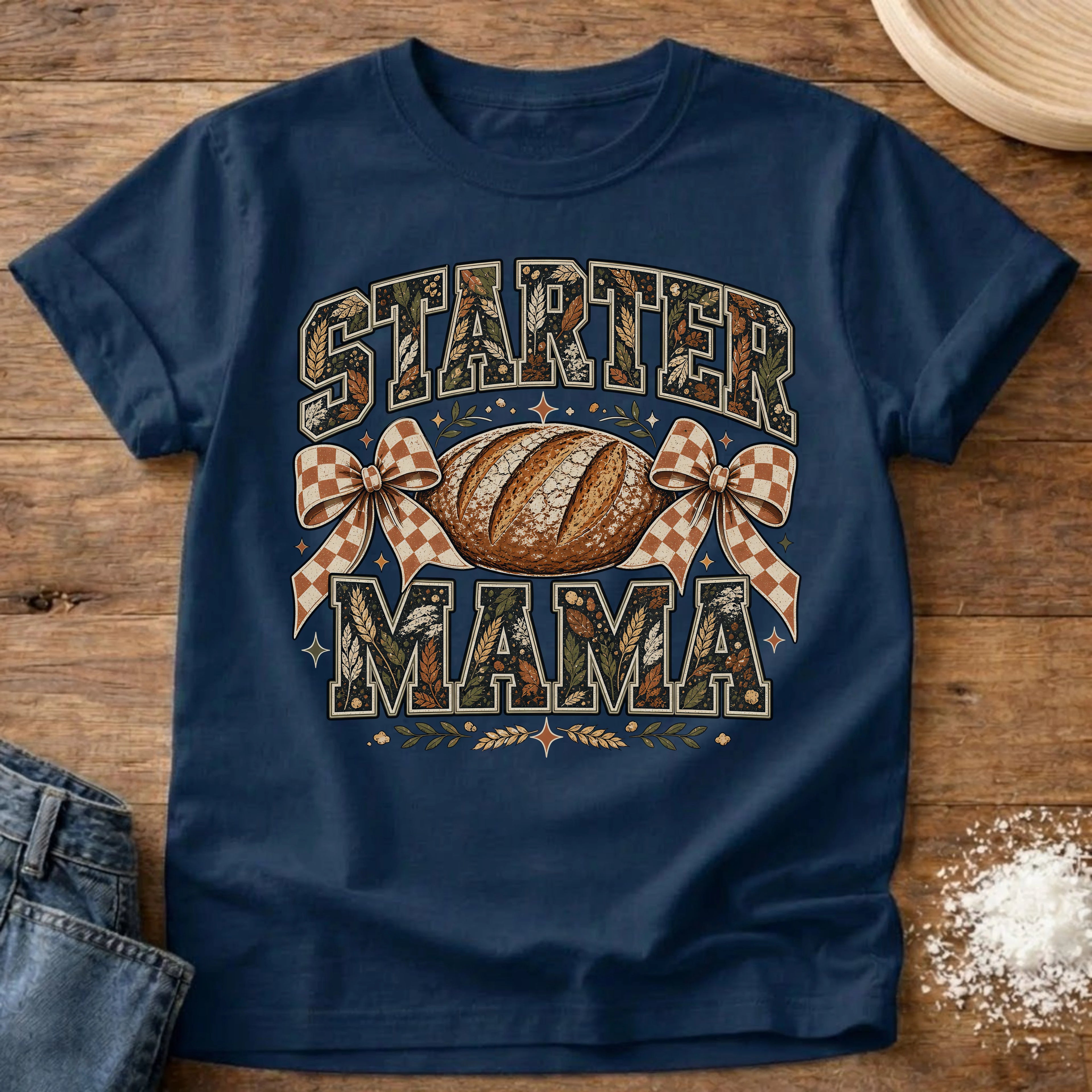Knead More Fun Fall Starter Mama sourdough t-shirt in Navy