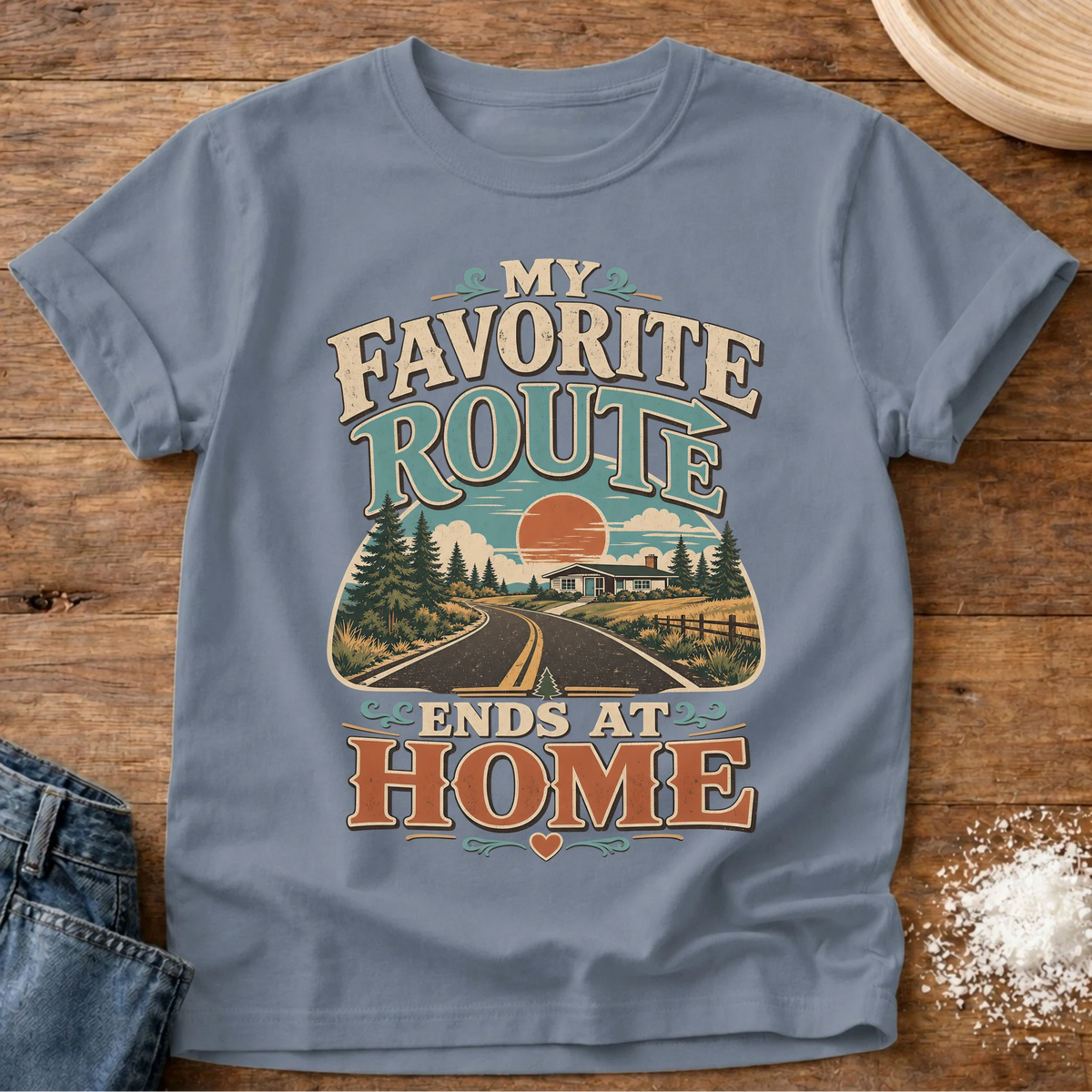 Knead More Fun Favorite Route homebody t-shirt in Blue Jean