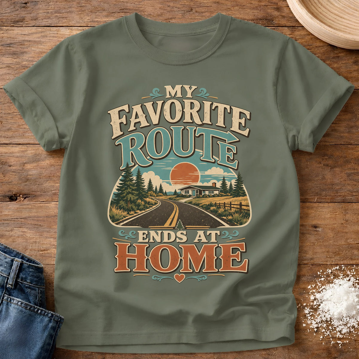 Knead More Fun Favorite Route homebody t-shirt in Moss