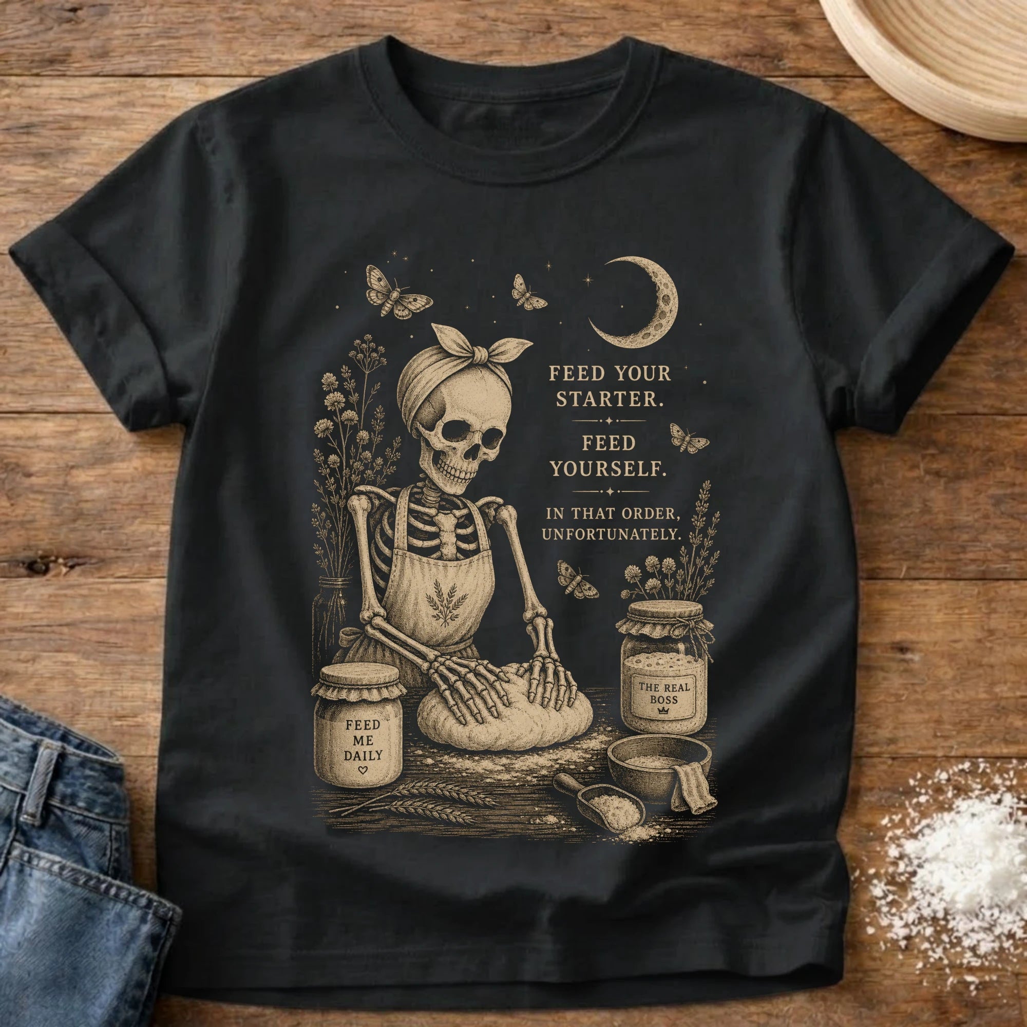 Knead More Fun Feed Your Starter Skeleton t-shirt in Black