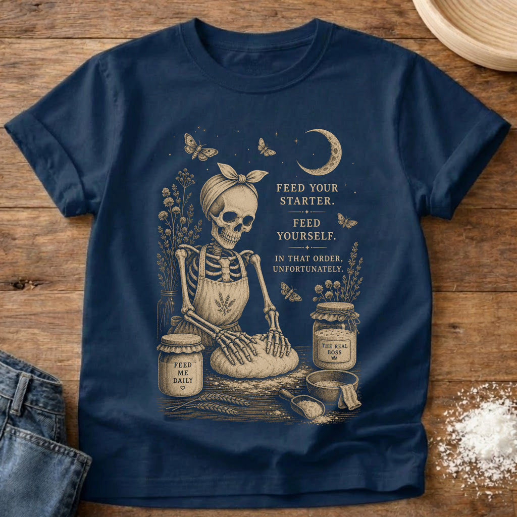 Knead More Fun Feed Your Starter Skeleton t-shirt in Navy