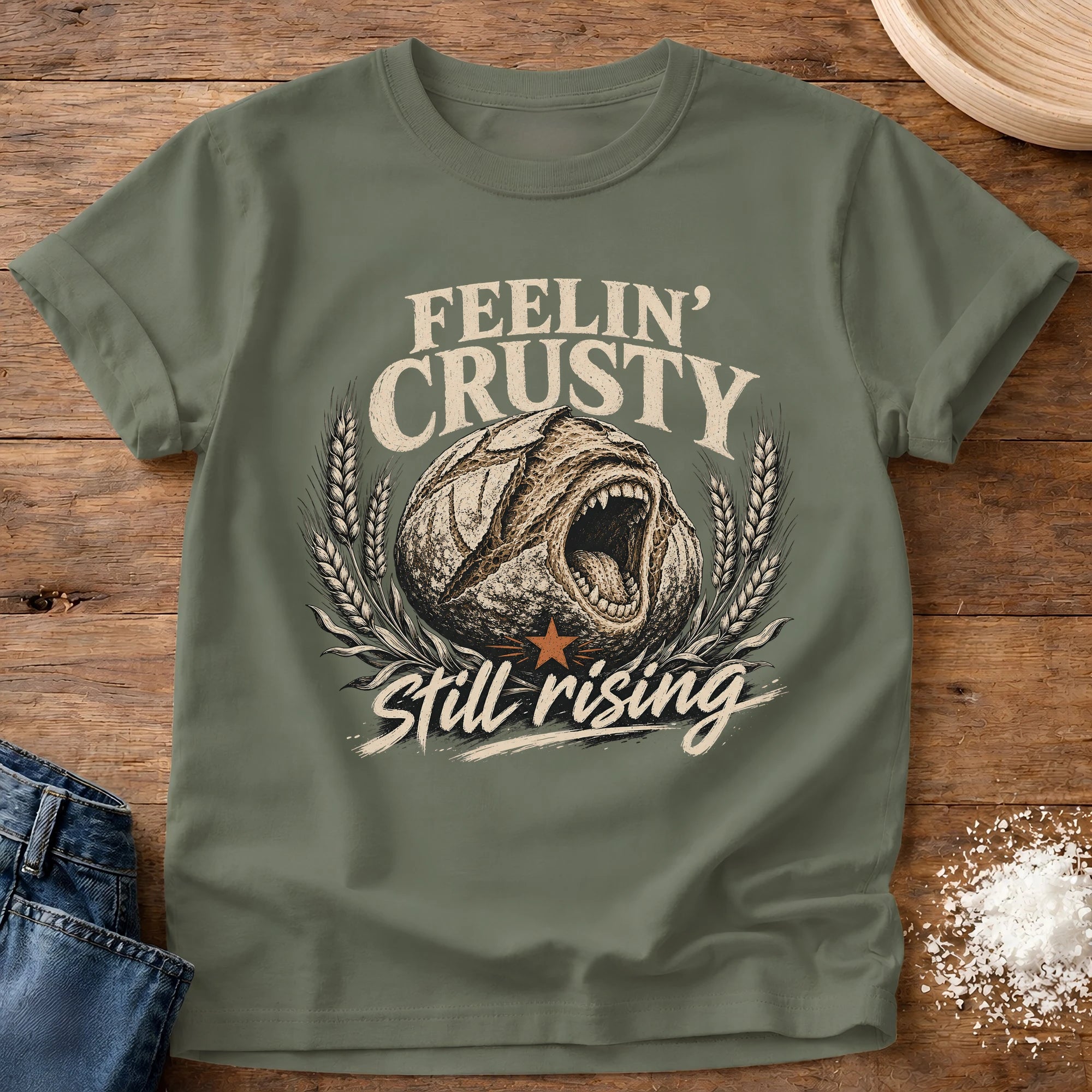 Knead More Fun Feelin' Crusty sourdough t-shirt in Moss