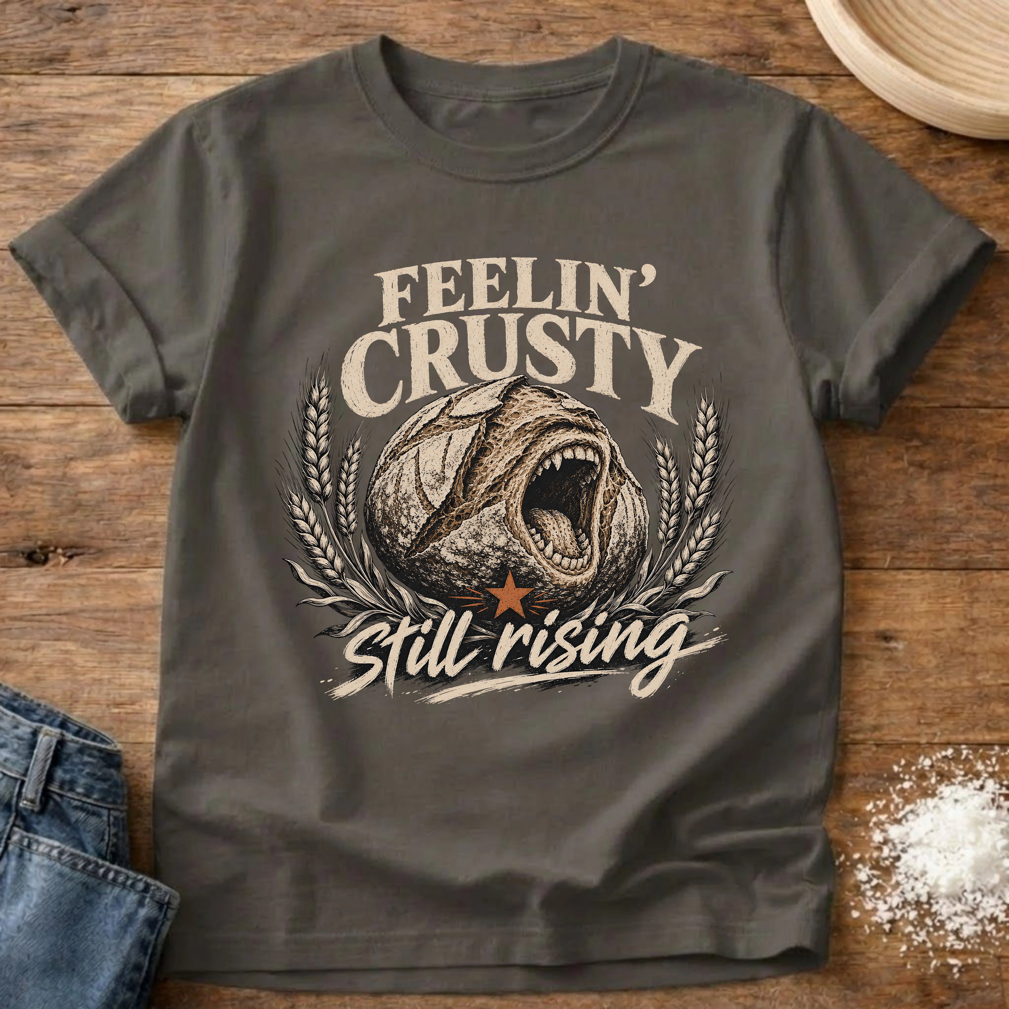 Knead More Fun Feelin' Crusty sourdough t-shirt in Pepper