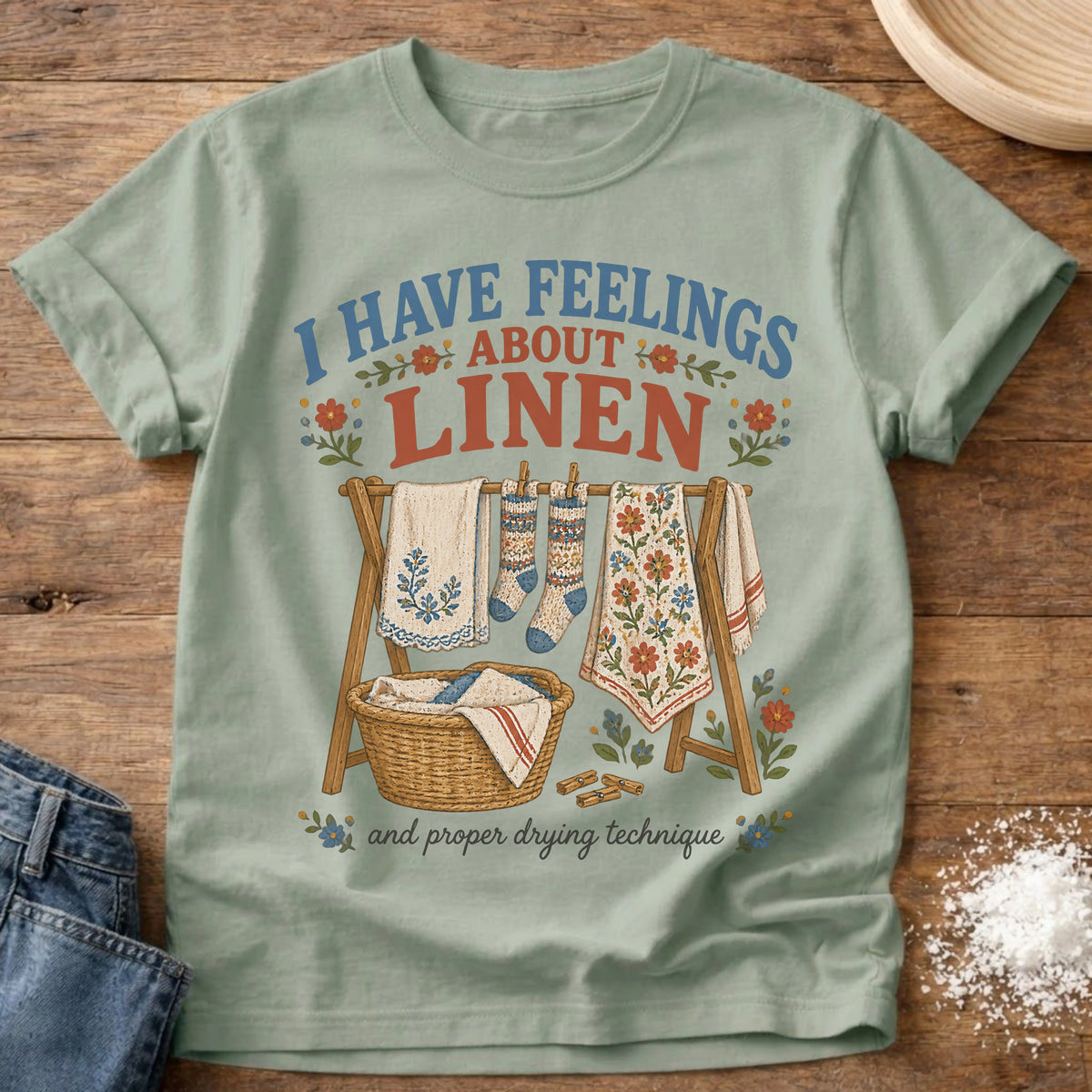 Knead More Fun Feelings About Linens linen care t-shirt in Bay