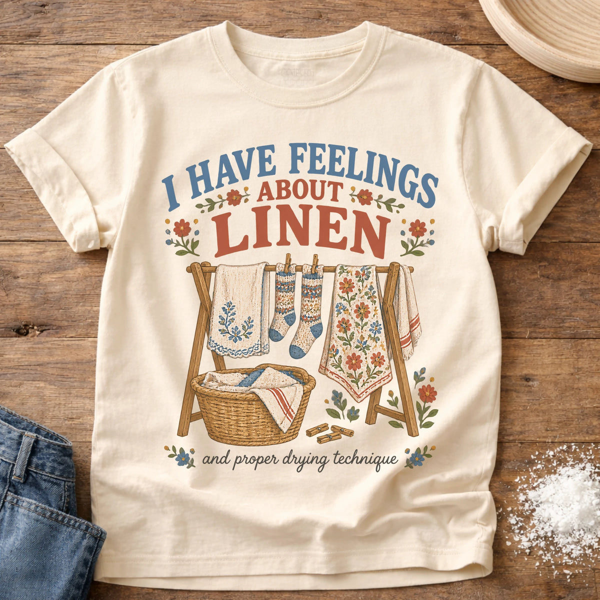 Knead More Fun Feelings About Linens linen care t-shirt in Ivory