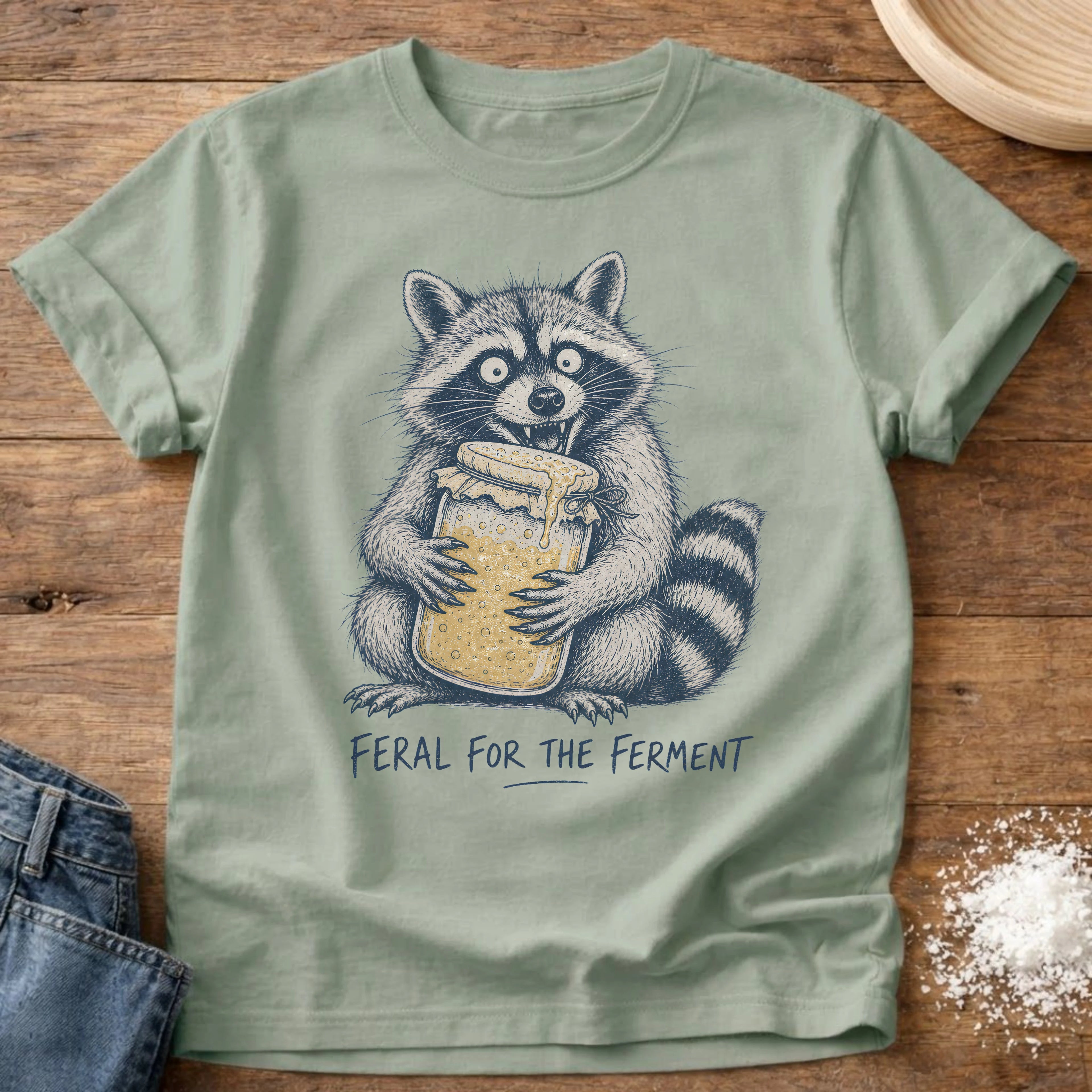 Knead More Fun Feral for the Ferment Raccoon sourdough t-shirt in Bay