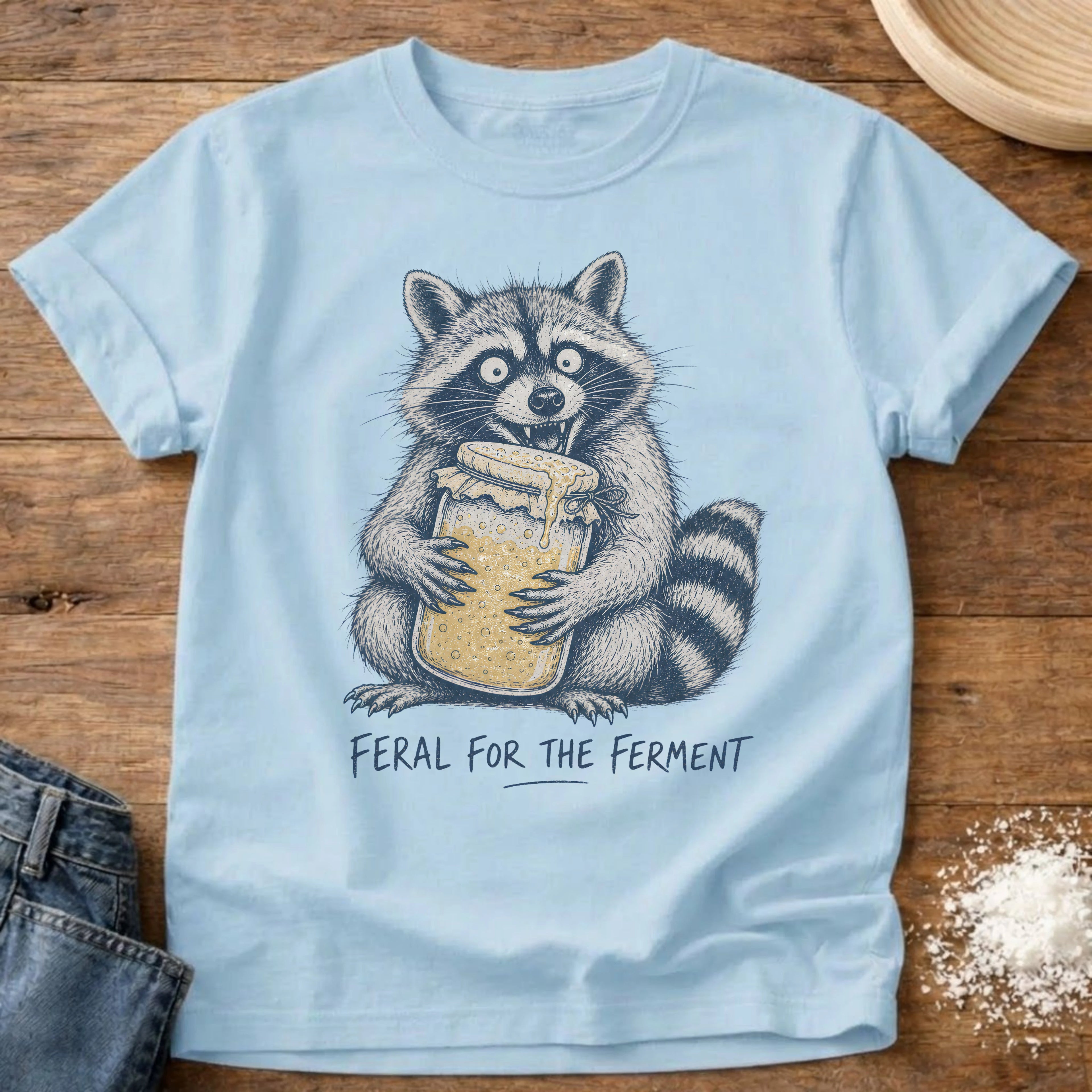 Knead More Fun Feral for the Ferment Raccoon sourdough t-shirt in Chambray