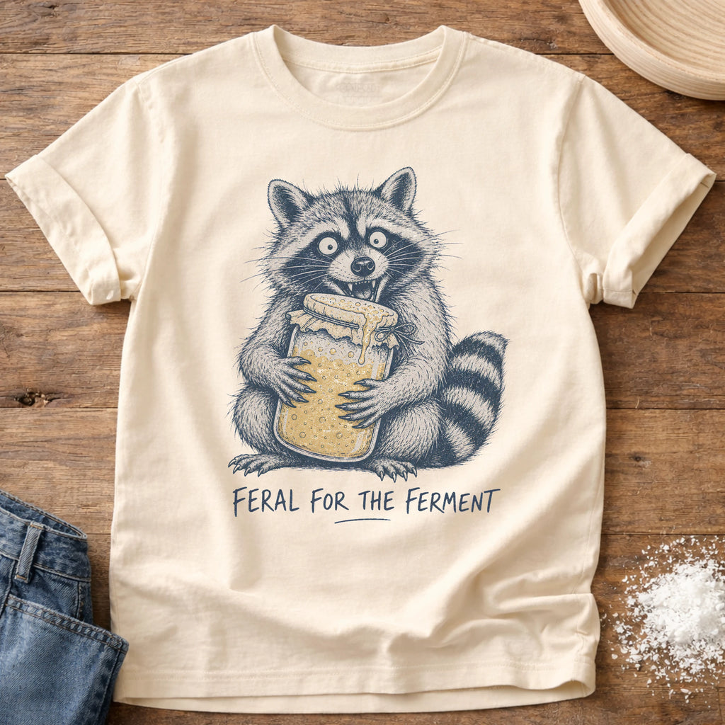 Knead More Fun Feral for the Ferment Raccoon sourdough t-shirt in Ivory