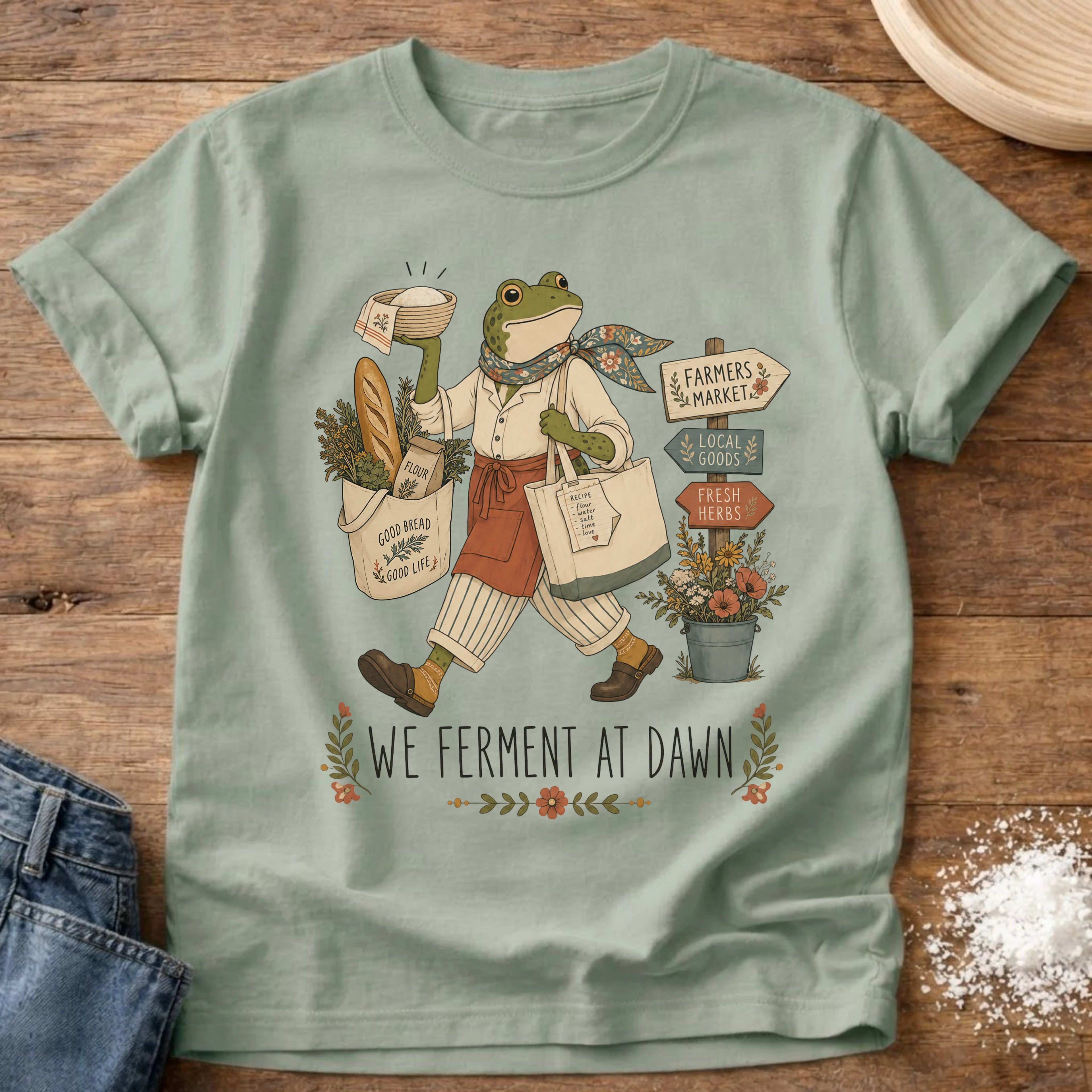 Knead More Fun Ferment at Dawn sourdough t-shirt in Bay