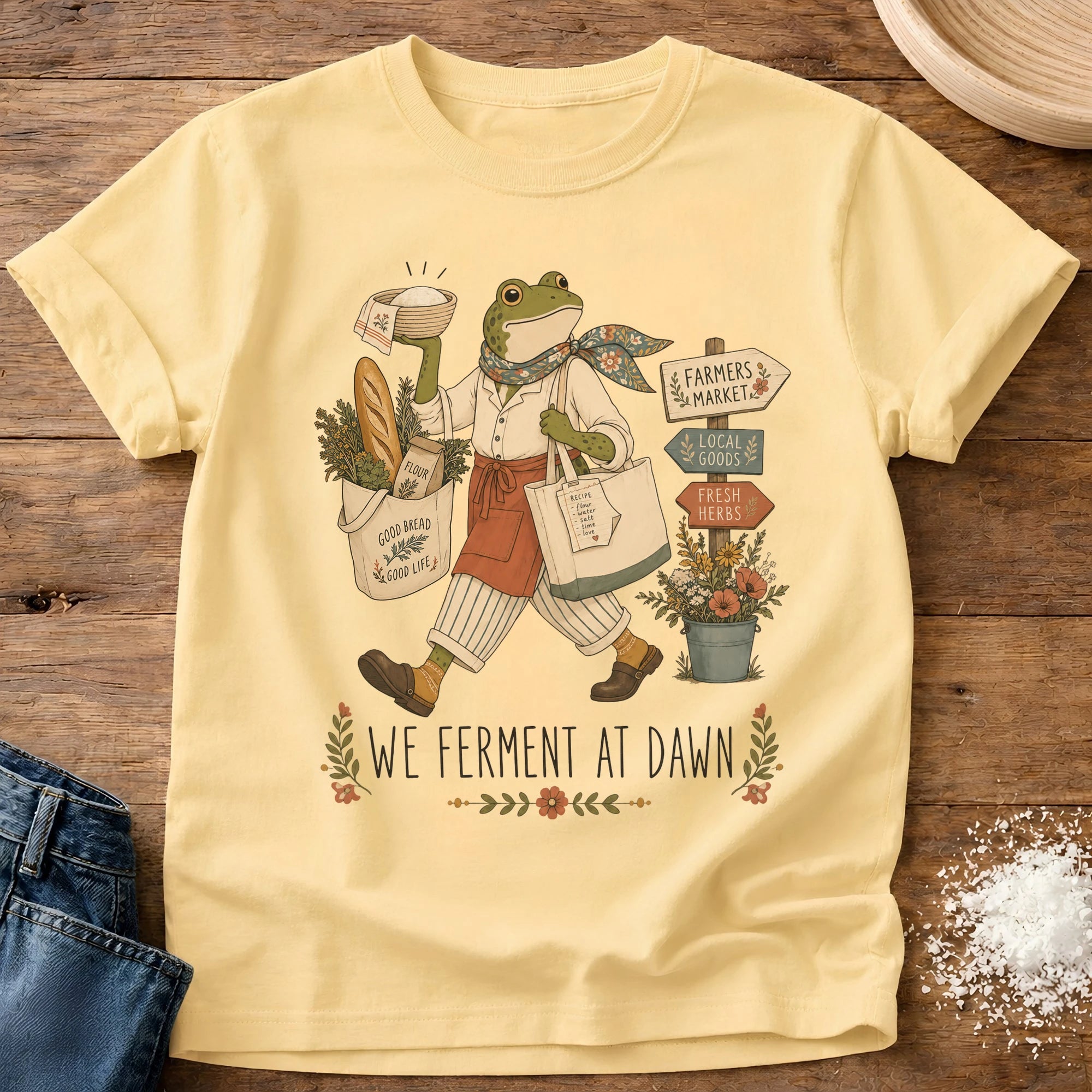 Knead More Fun Ferment at Dawn sourdough t-shirt in Butter