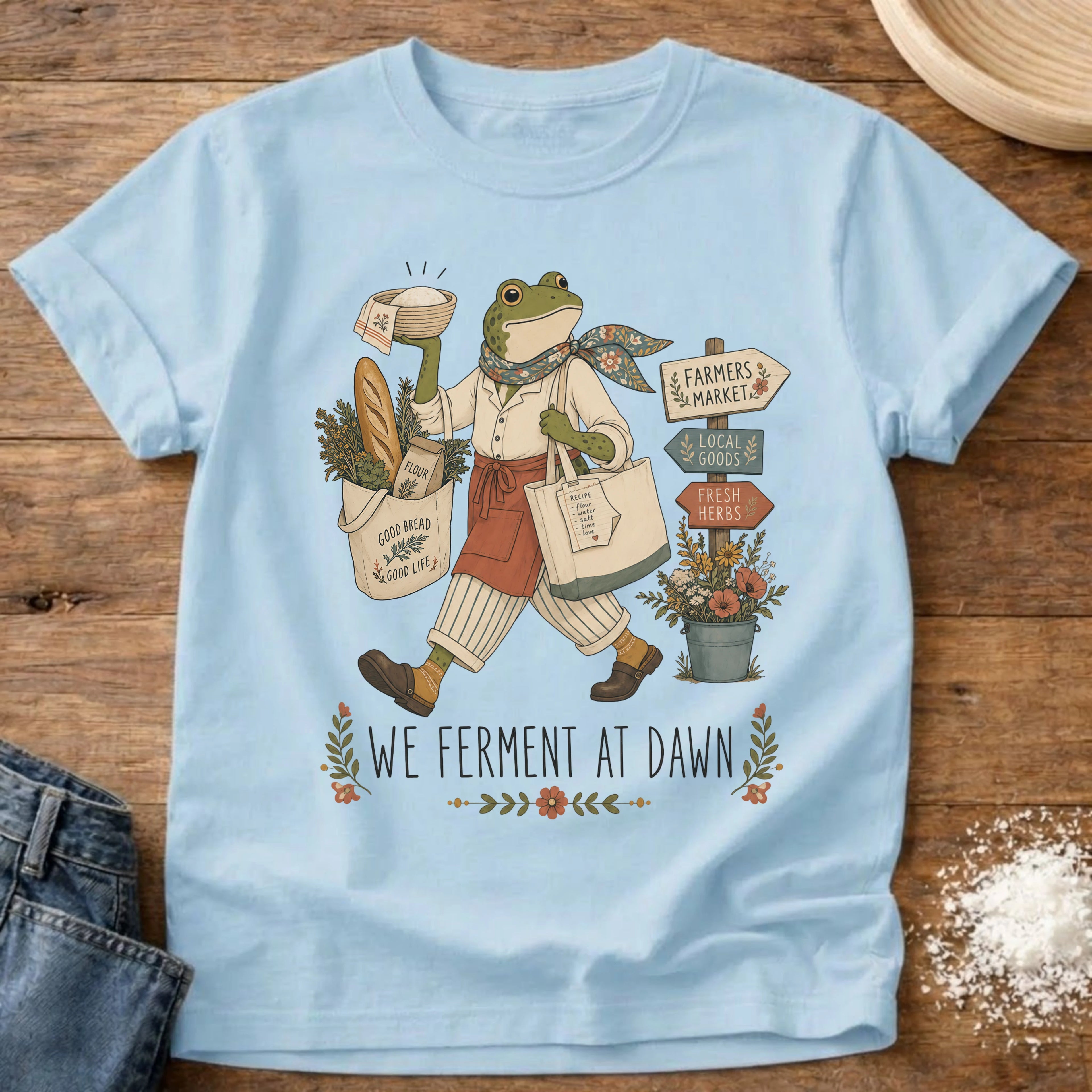 Knead More Fun Ferment at Dawn sourdough t-shirt in Chambray
