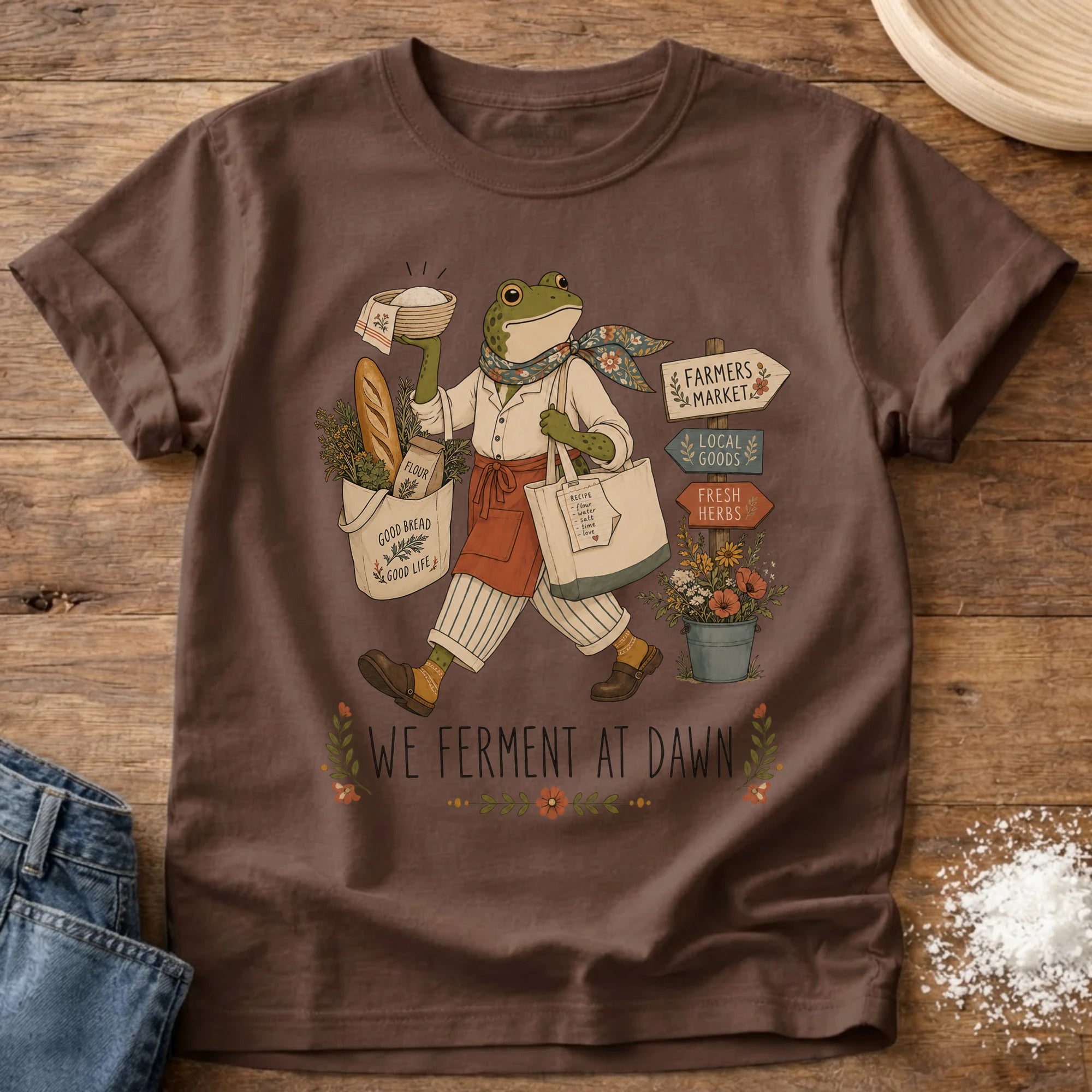 Knead More Fun Ferment at Dawn sourdough t-shirt in Espresso