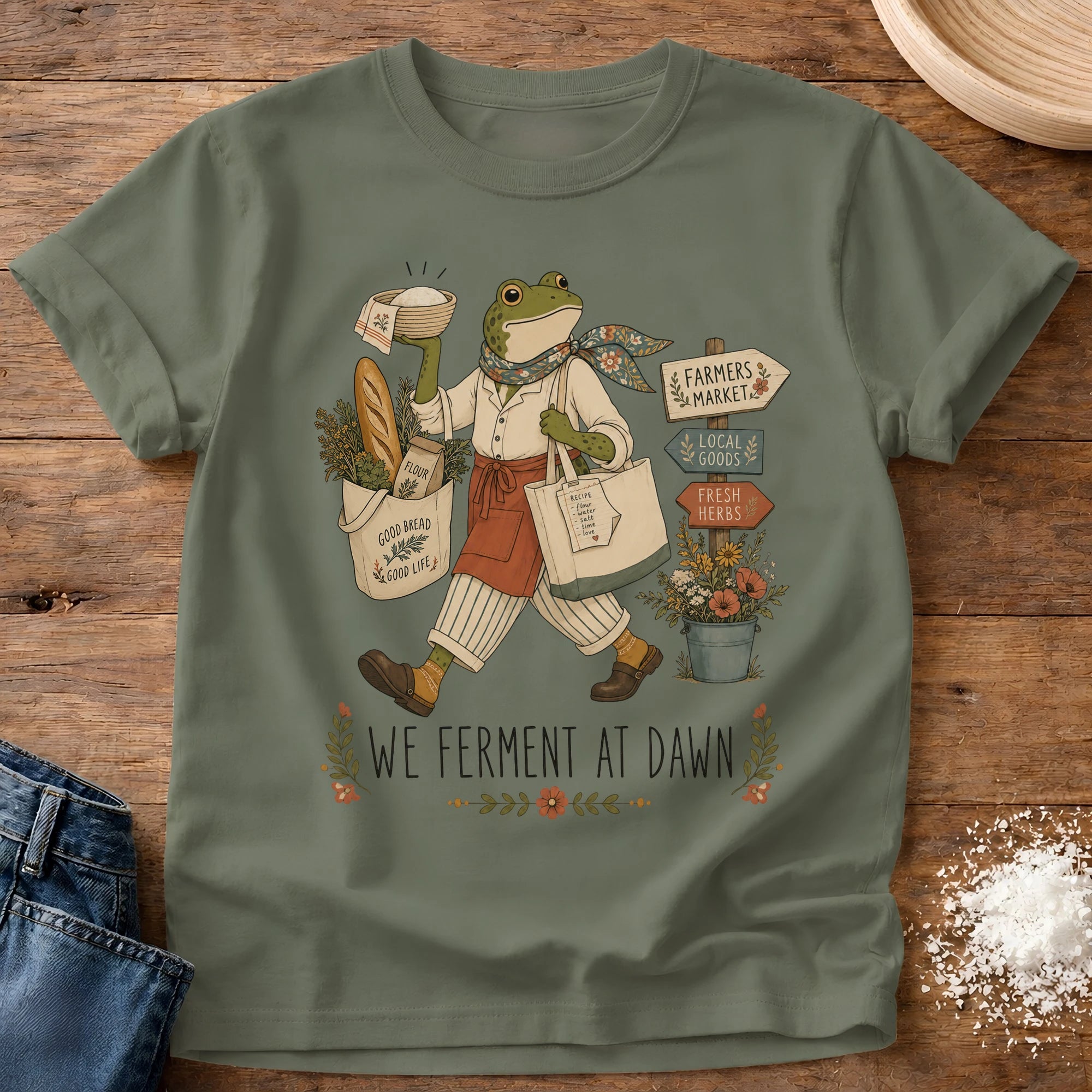 Knead More Fun Ferment at Dawn sourdough t-shirt in Moss