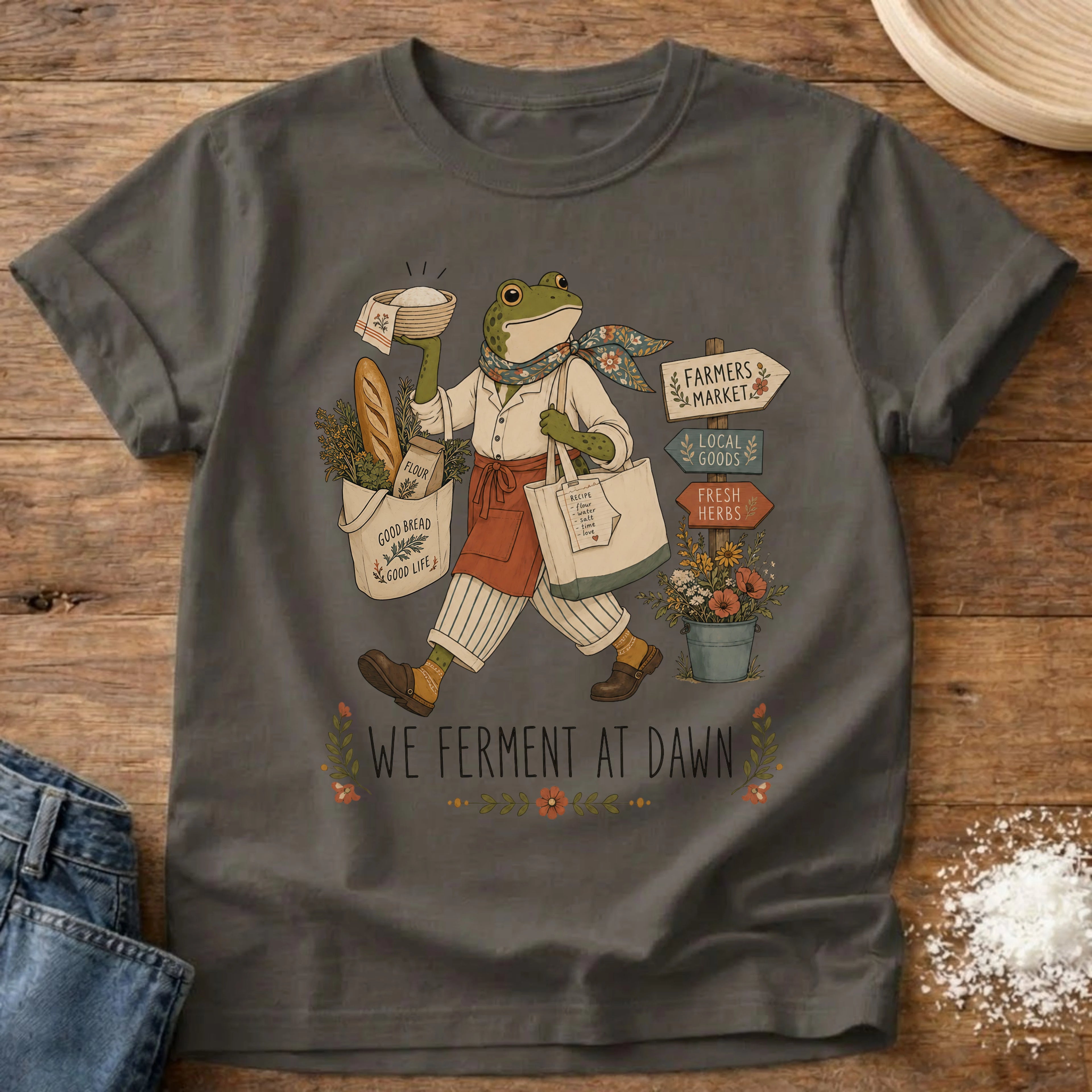 Knead More Fun Ferment at Dawn sourdough t-shirt in Pepper