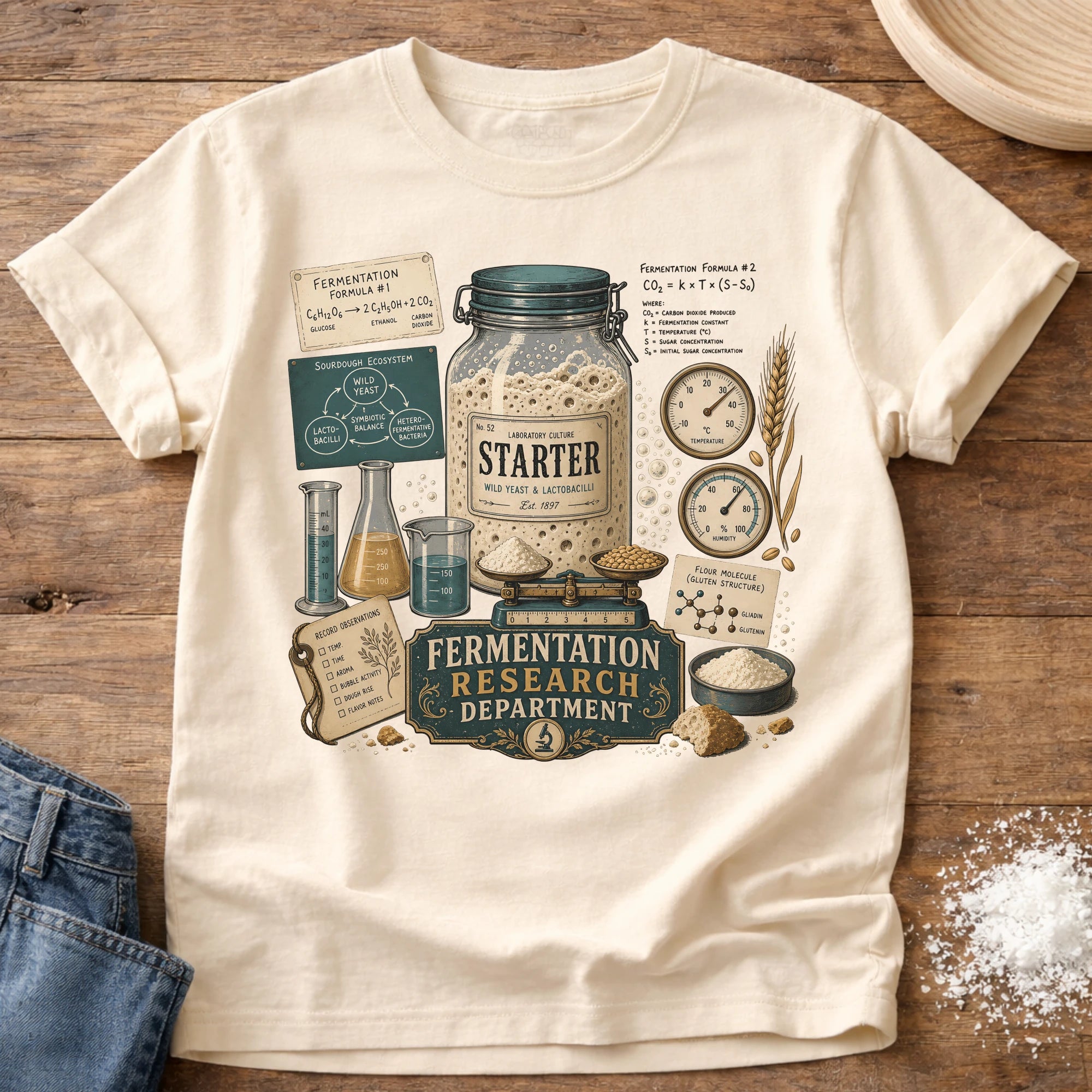 Knead More Fun Fermentation Research Department sourdough t-shirt in Ivory